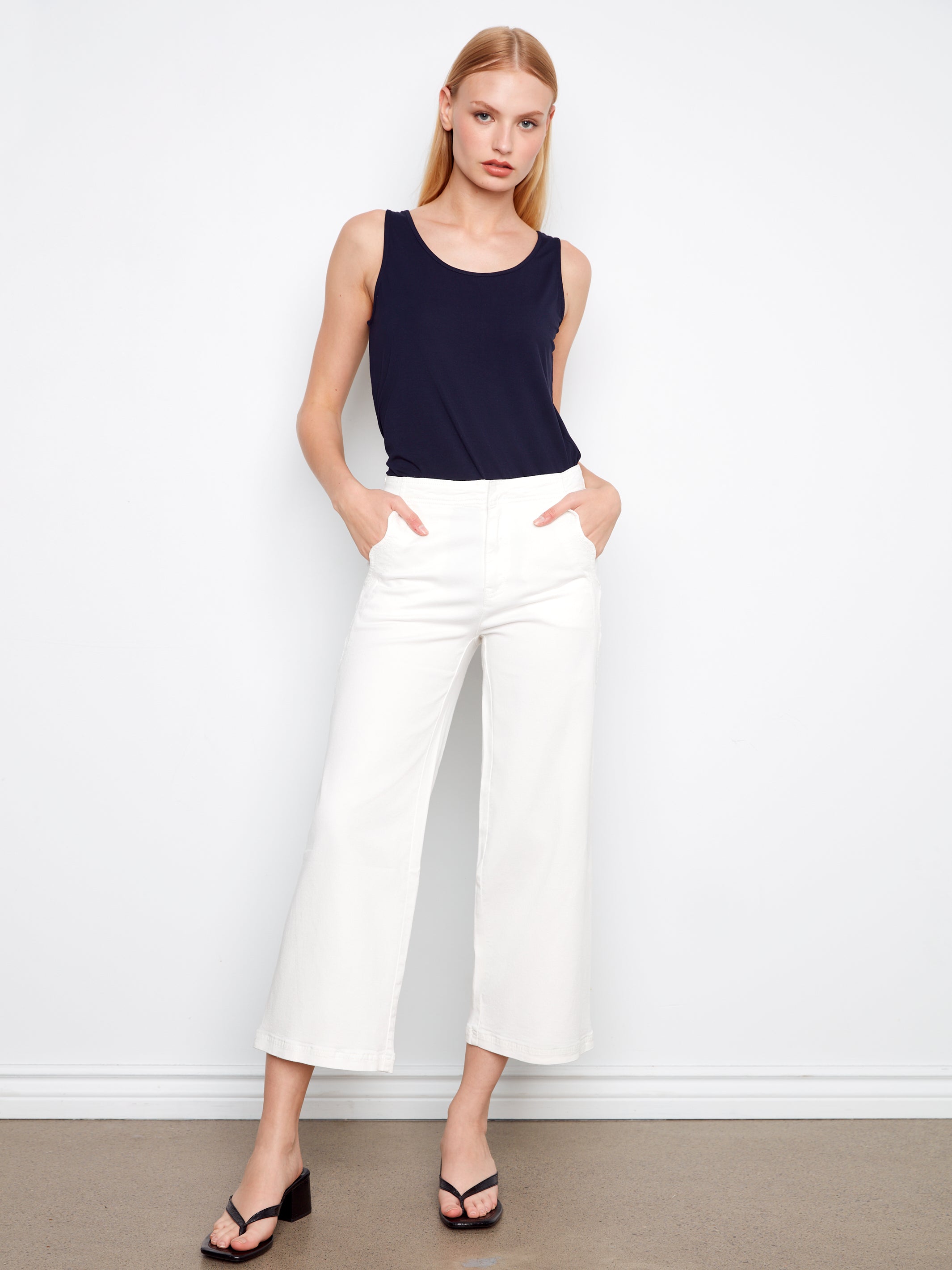 Charlie B Scallop Detail Cropped Wide Leg - White