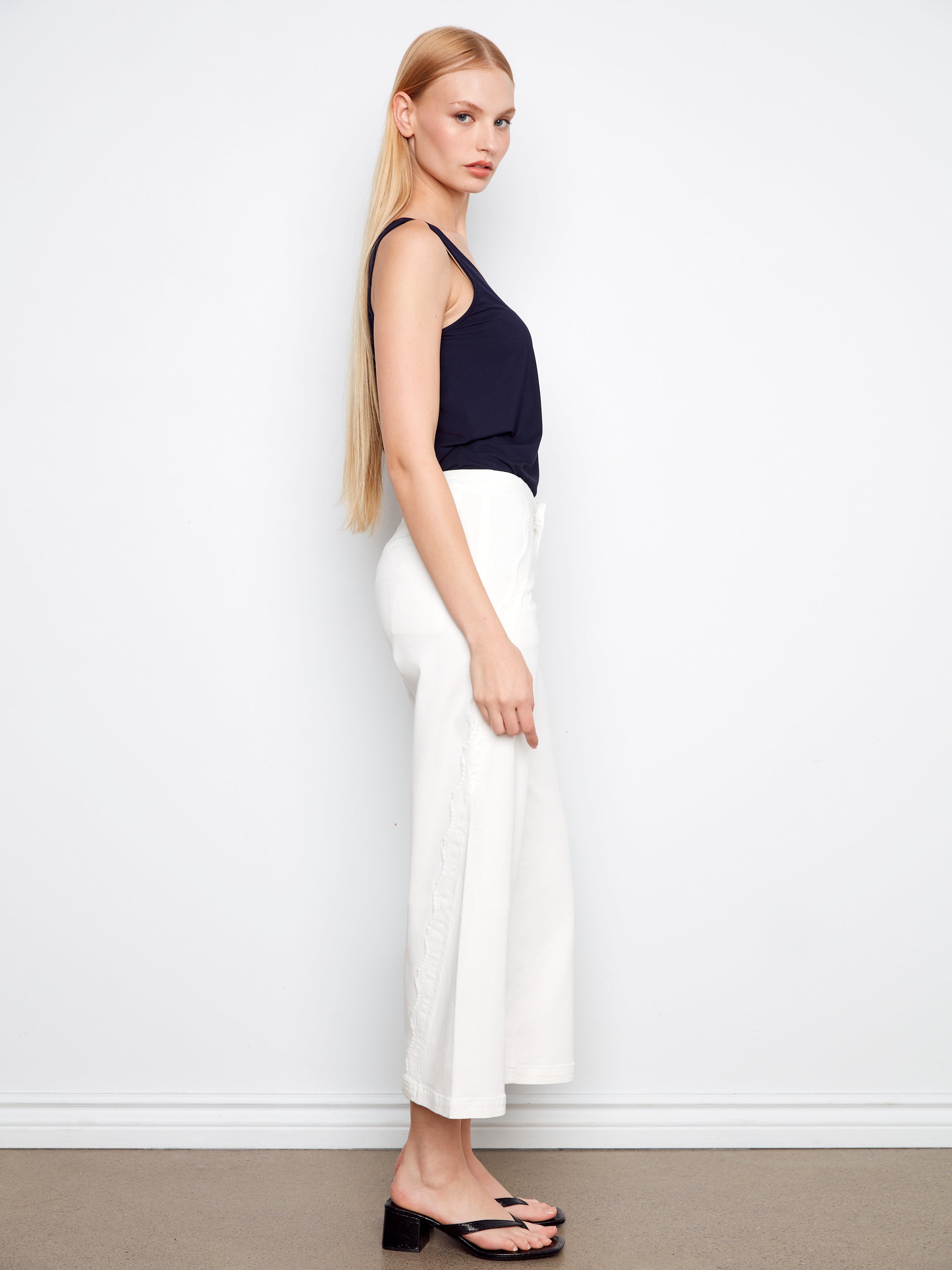 Charlie B Scallop Detail Cropped Wide Leg - White