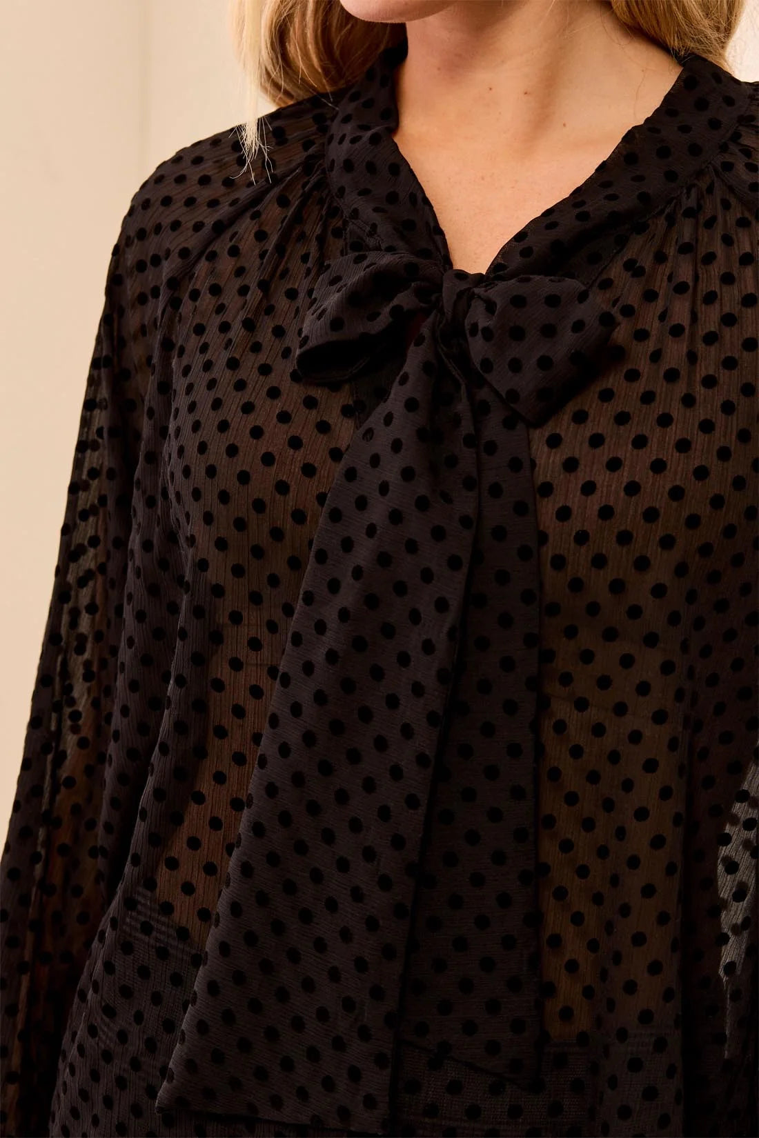 Tribal Polka Tie Front Blouse - Black
