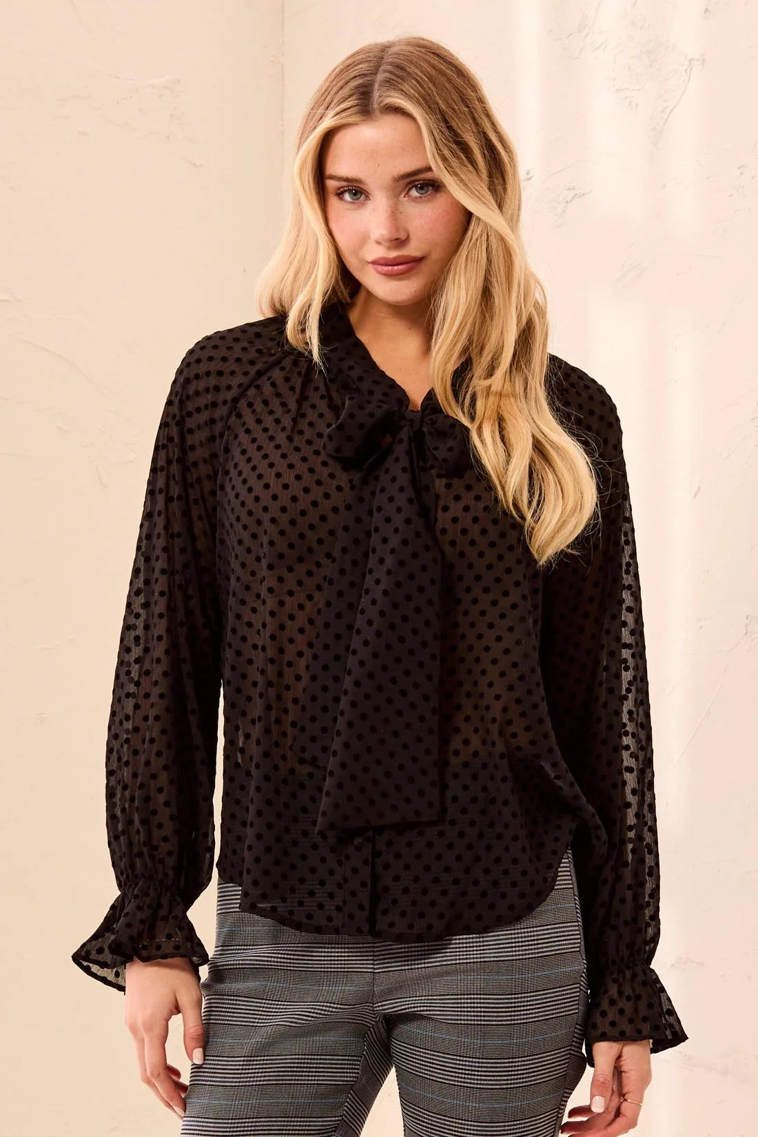 Tribal Polka Tie Front Blouse - Black