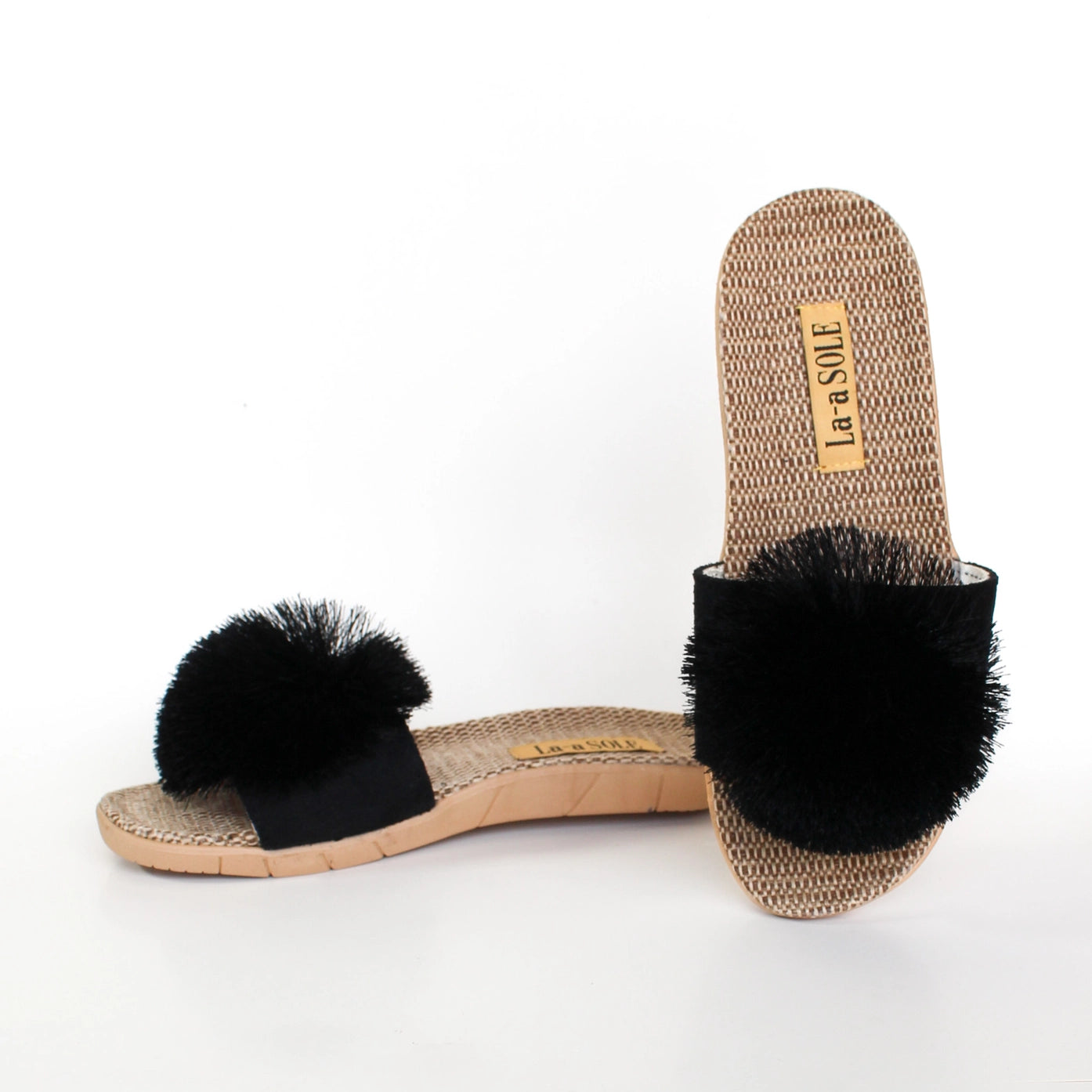 La-a SOLE Pom Pom Slides - Black