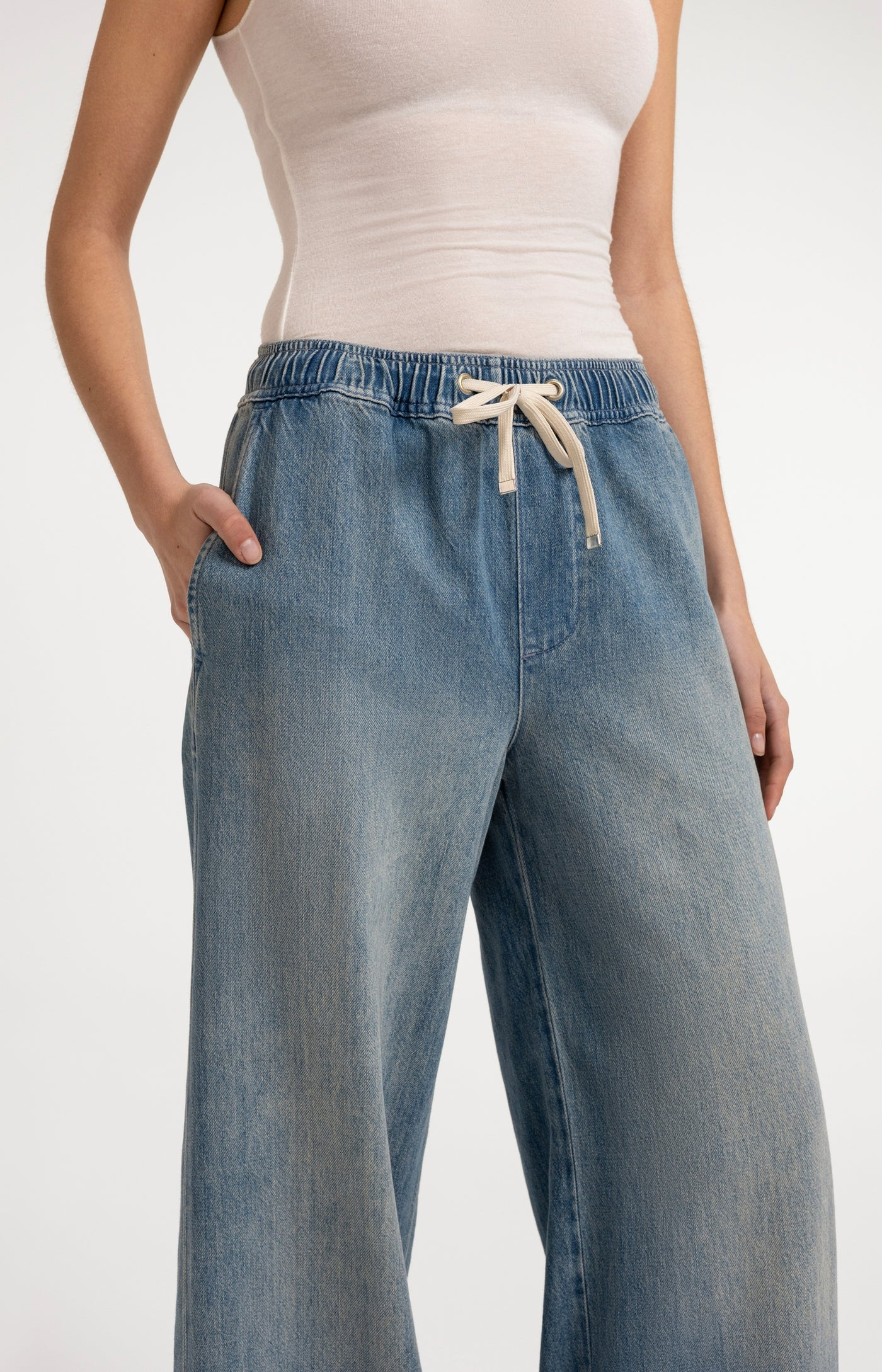 Yaya Pull On Denim Trousers - Mid Blue