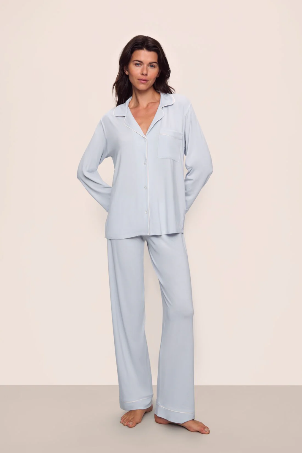 Eberjey Gisele Long PJ Set - Ice Blue/Ivory