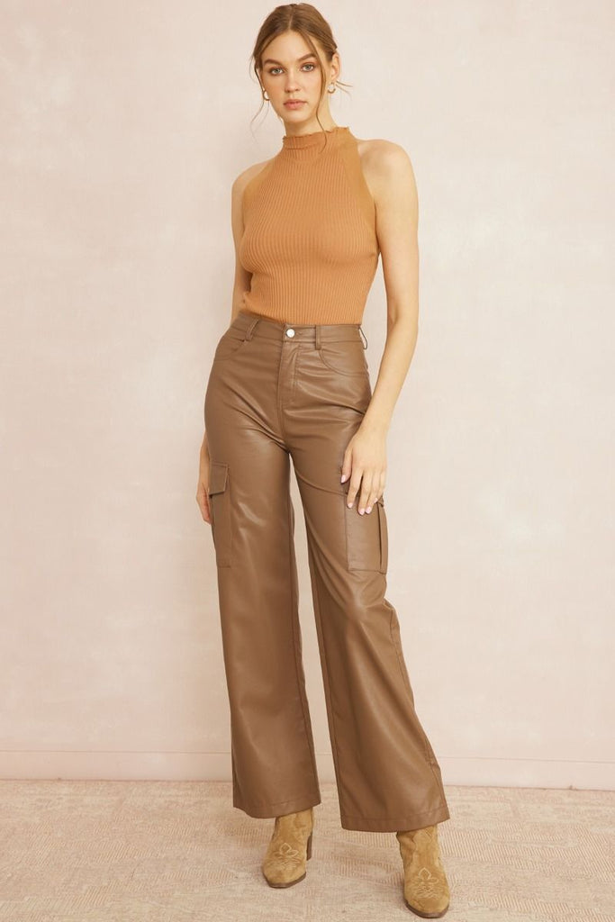 Entro Faux Leather Pant - Brown  Grace the Boutique