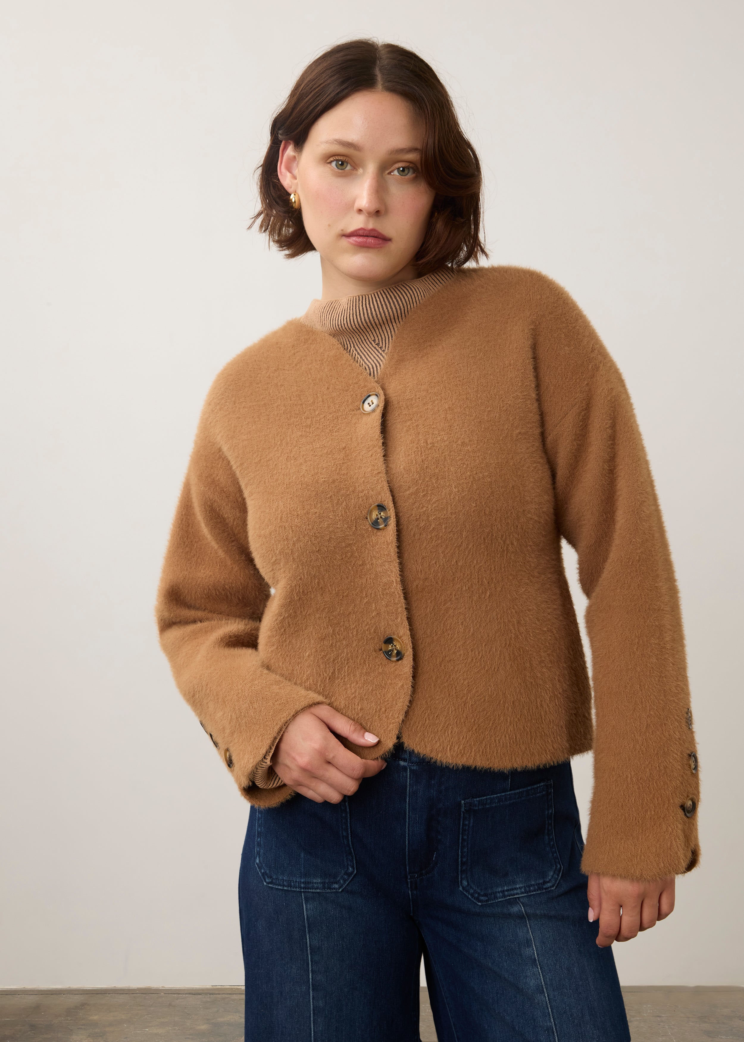 FDJ Collarless Knit Jacket - Camel