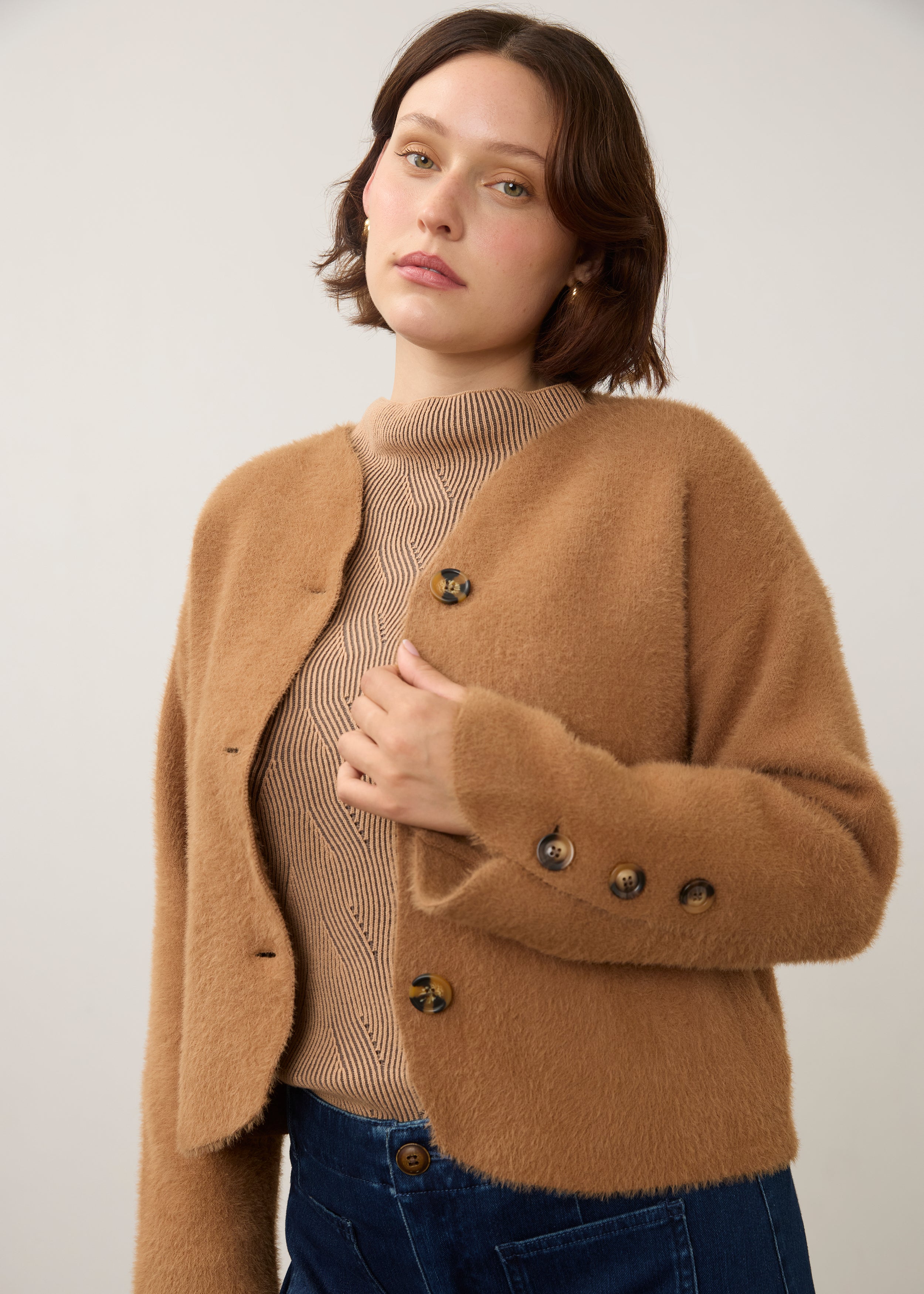 FDJ Collarless Knit Jacket - Camel