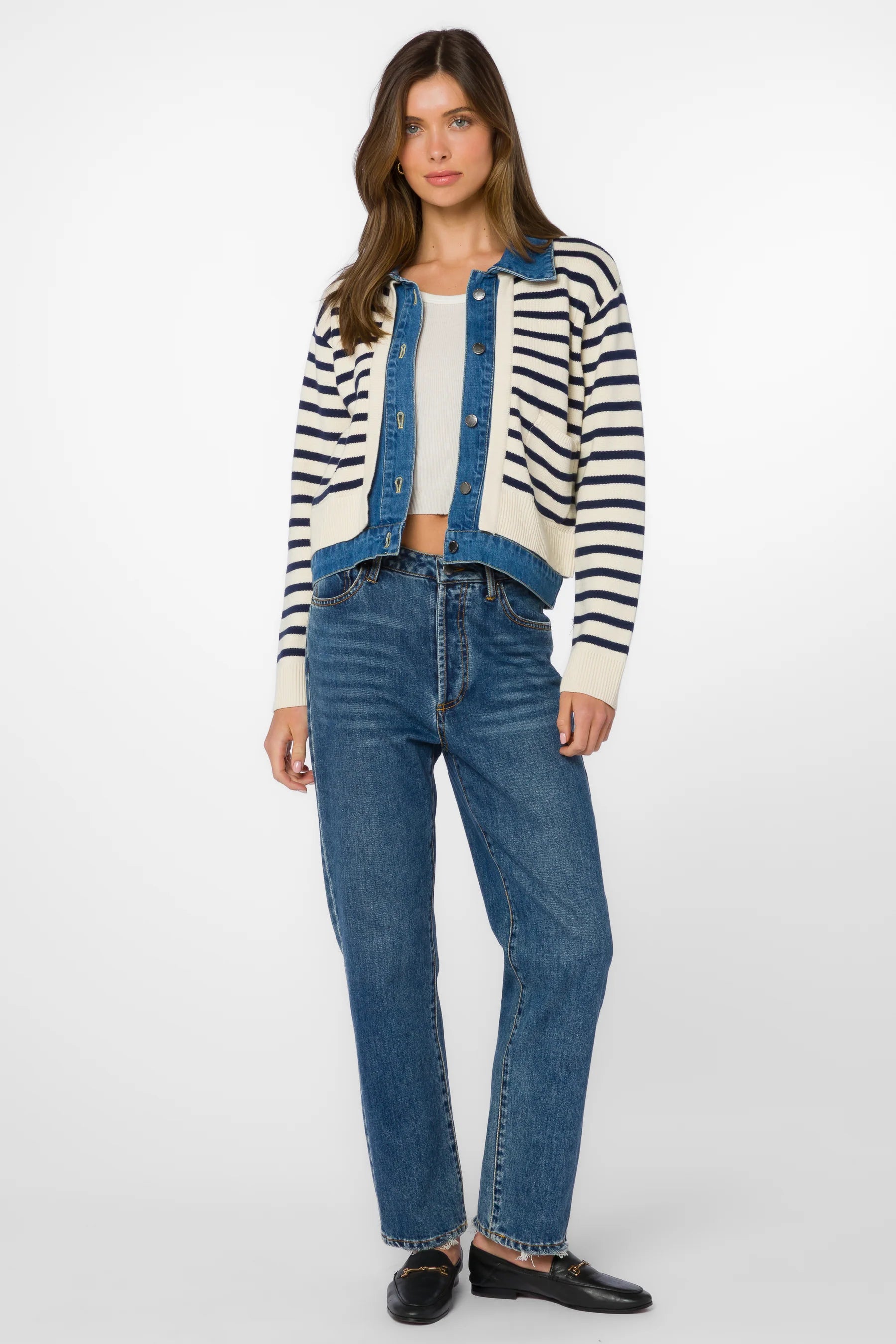 Velvet Heart Francis Cardi - Ivory Denim Blue Stripe