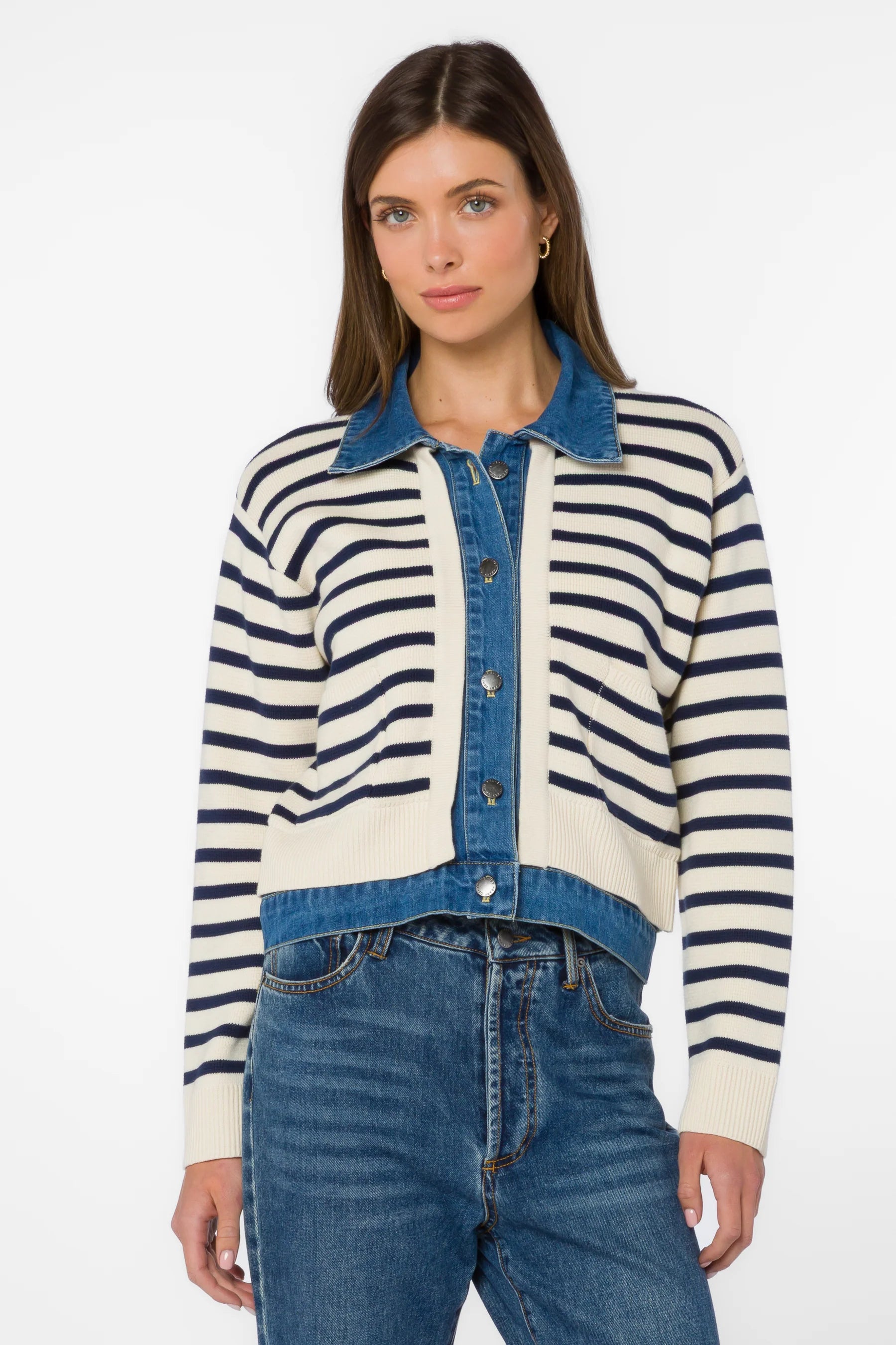 Velvet Heart Francis Cardi - Ivory Denim Blue Stripe