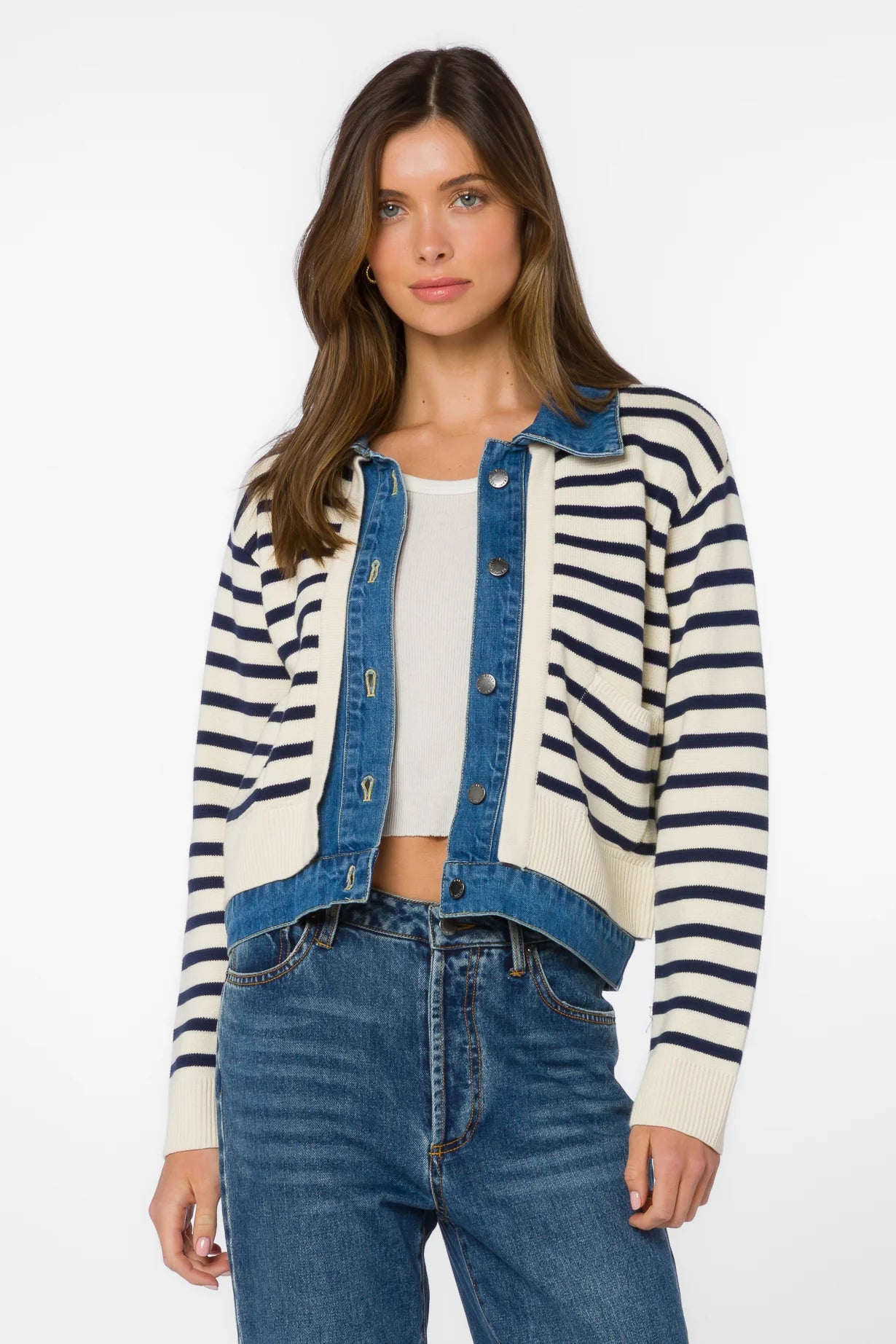 Velvet Heart Francis Cardi - Ivory Denim Blue Stripe