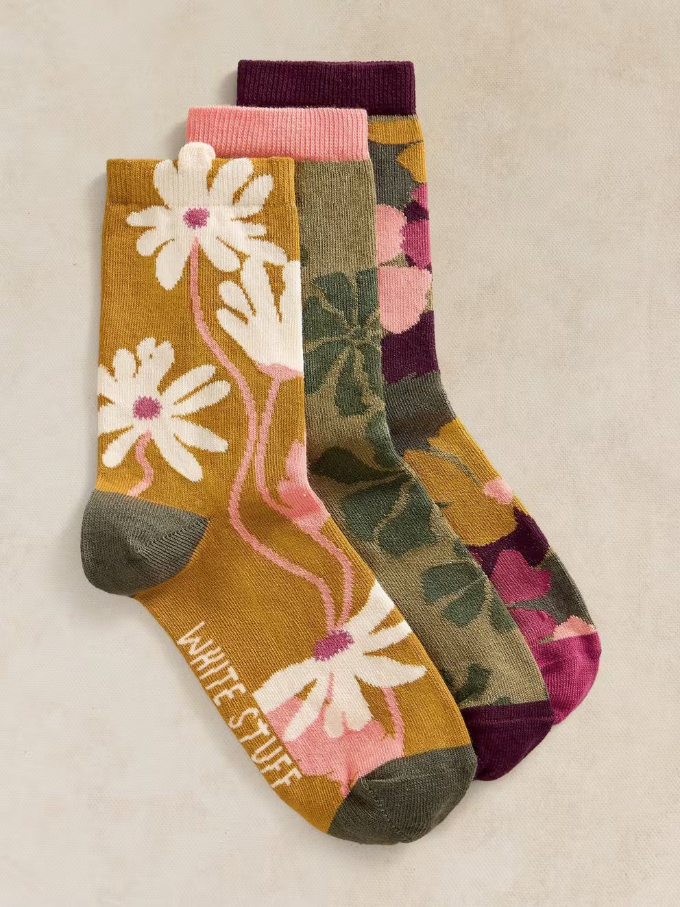 White Stuff 3 Pack Floral Texture Ankle Socks - Green Multi