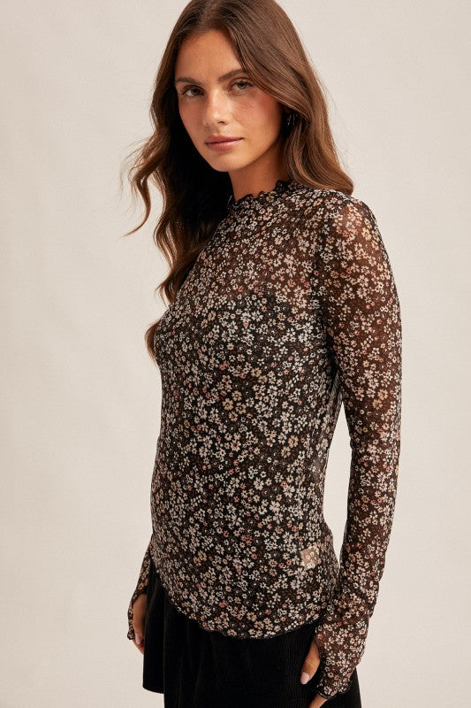 Hem & Thread Mock Neck Mesh Tee - Black