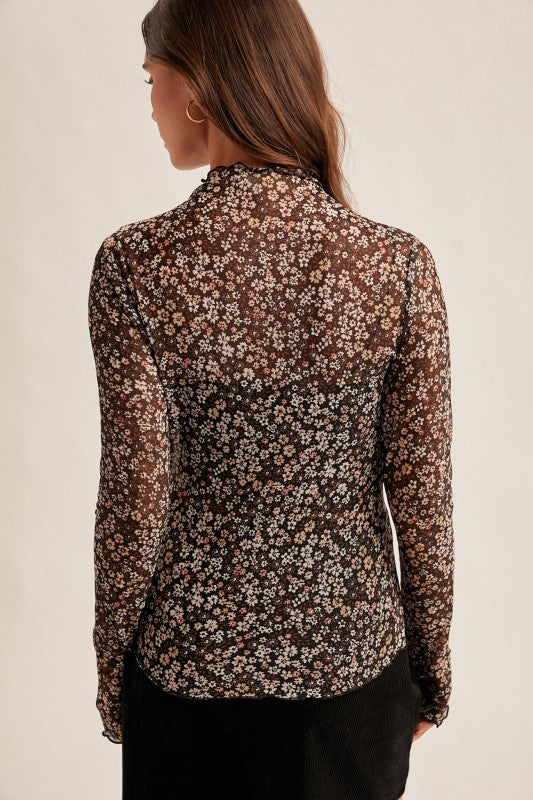 Hem & Thread Mock Neck Mesh Tee - Black