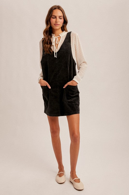 Hem & Thread Snow Wash Cord Pinafore - Black