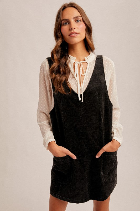 Hem & Thread Snow Wash Cord Pinafore - Black