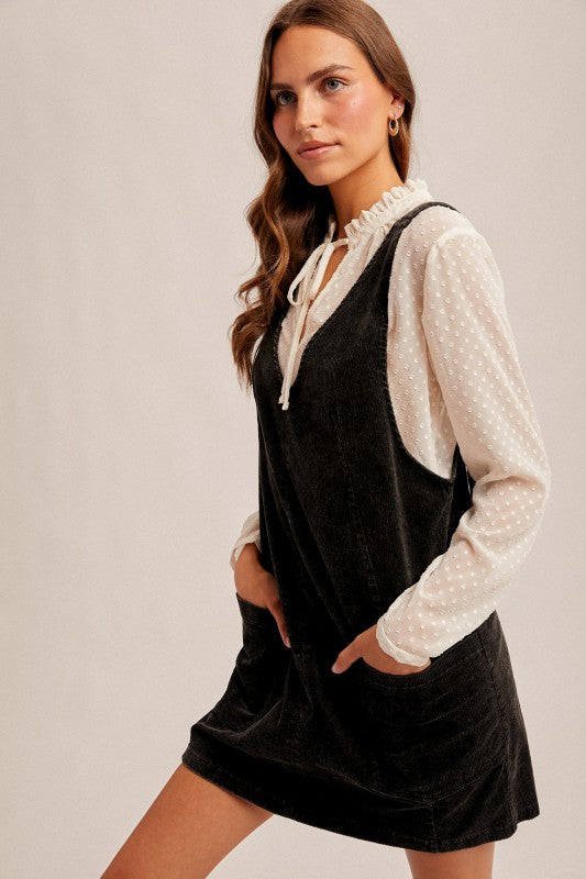 Hem & Thread Snow Wash Cord Pinafore - Black