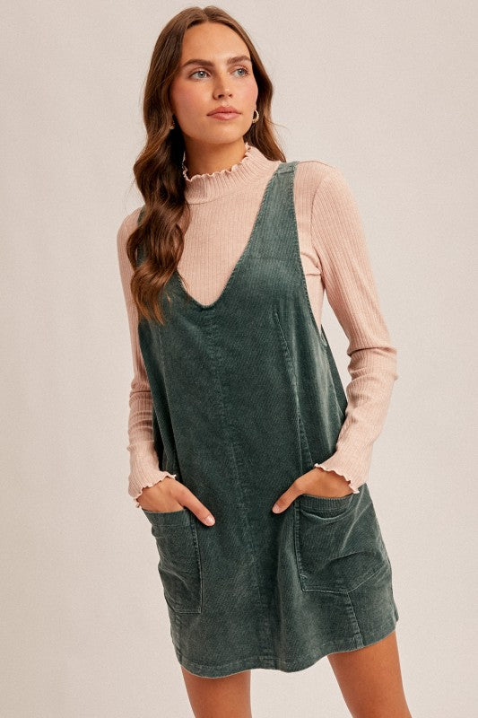 Hem & Thread Snow Wash Cord Pinafore - Hunter Green