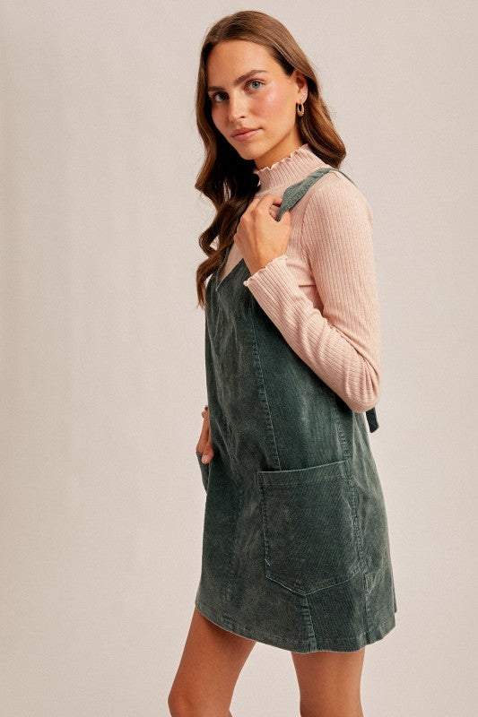 Hem & Thread Snow Wash Cord Pinafore - Hunter Green