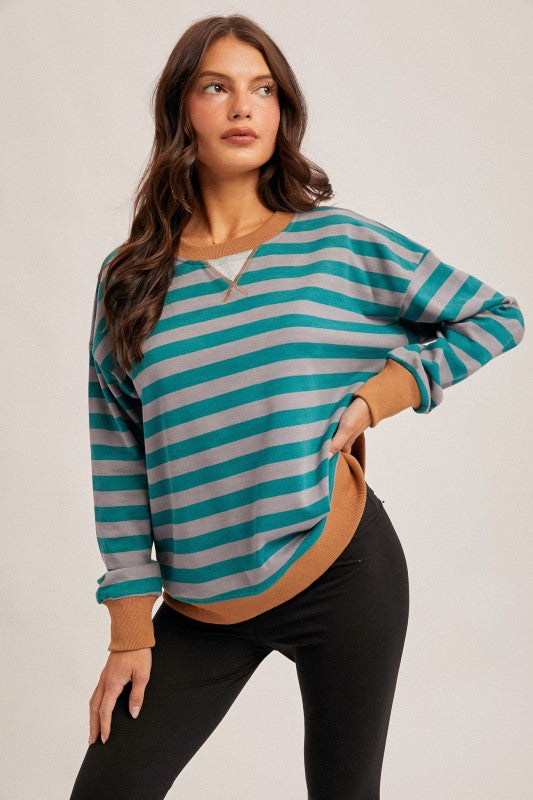 Hem & Thread Striped Sweatshirt - Teal/Caramel