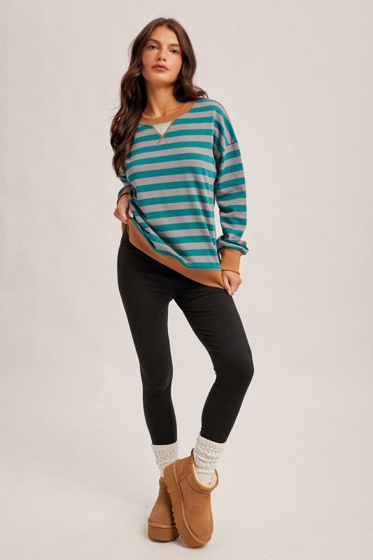 Hem & Thread Striped Sweatshirt - Teal/Caramel