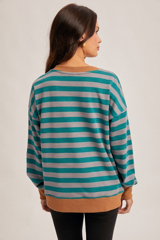 Hem & Thread Striped Sweatshirt - Teal/Caramel