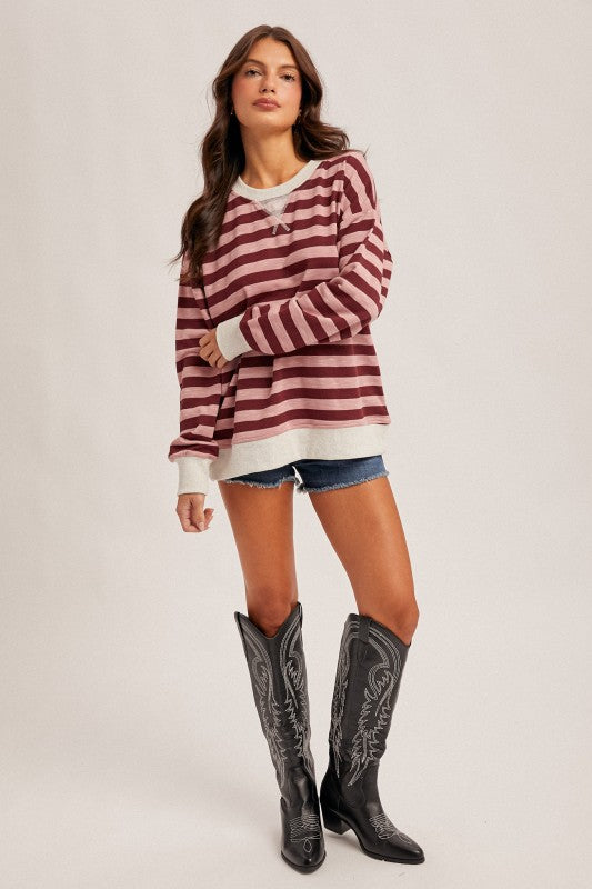 Hem & Thread Striped Sweatshirt - Wine/Pink