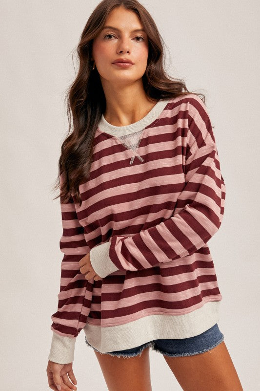 Hem & Thread Striped Sweatshirt - Wine/Pink