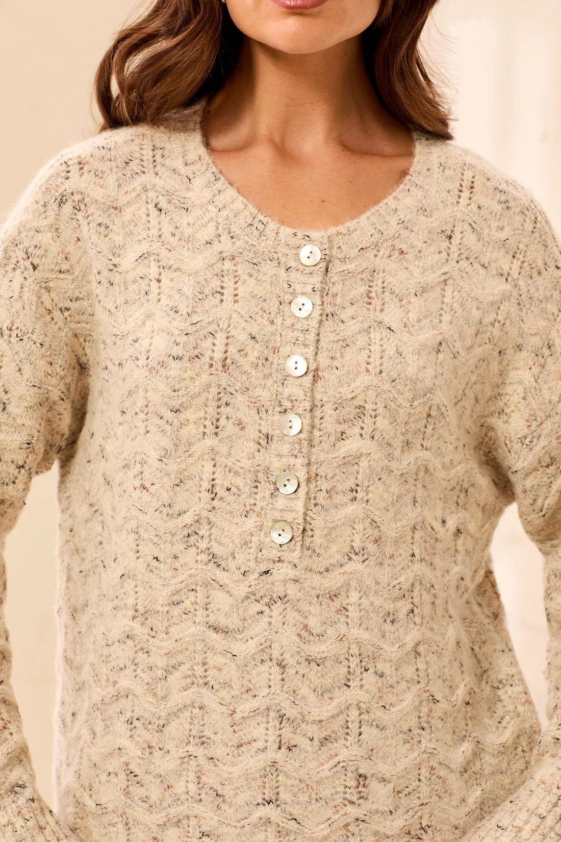 Tribal Scallop Henley Sweater - Cream
