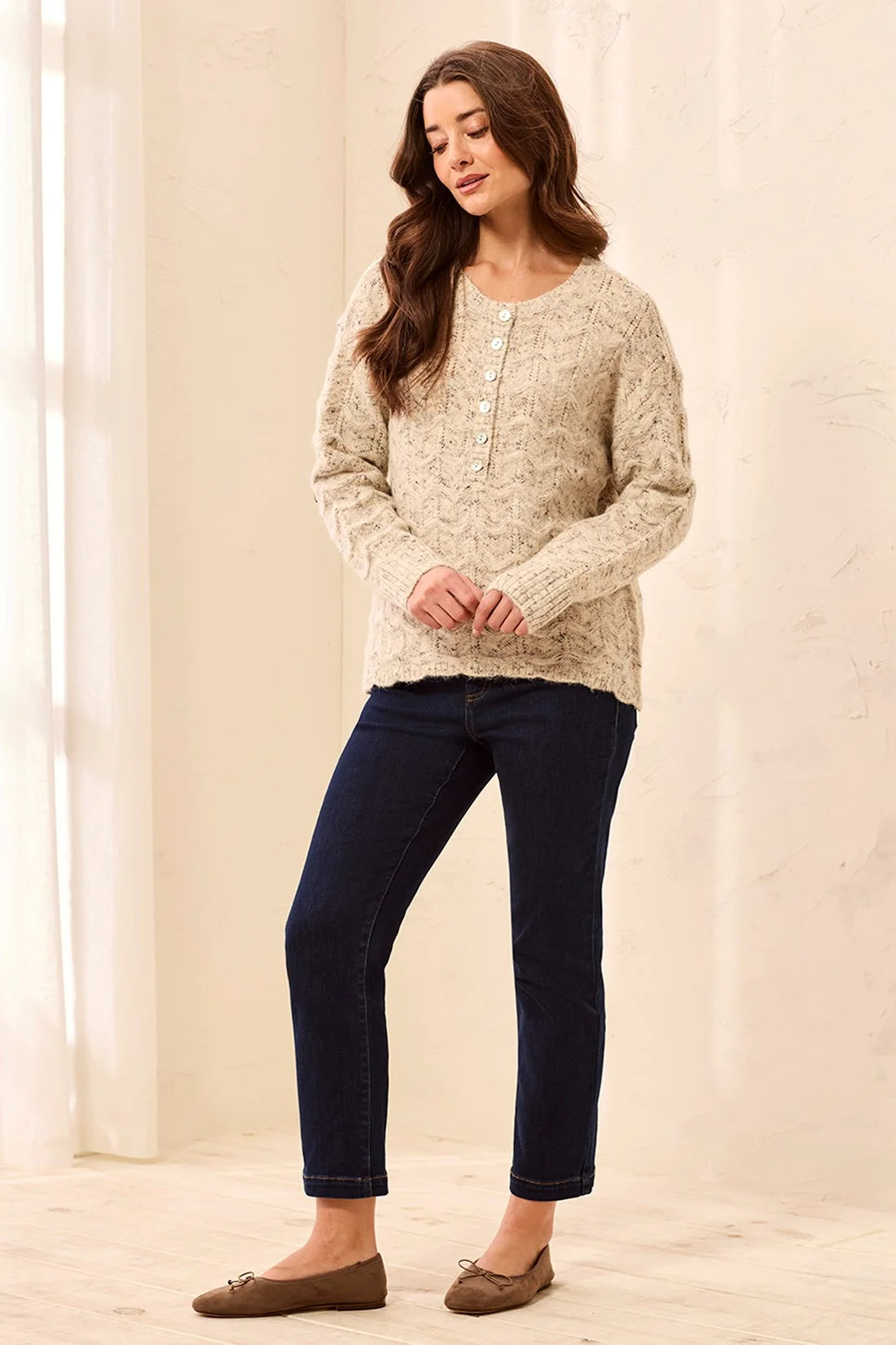 Tribal Scallop Henley Sweater - Cream