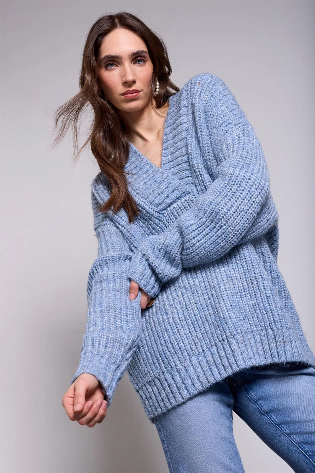 Tribal Oversize V Neck Sweater - Satin Sky