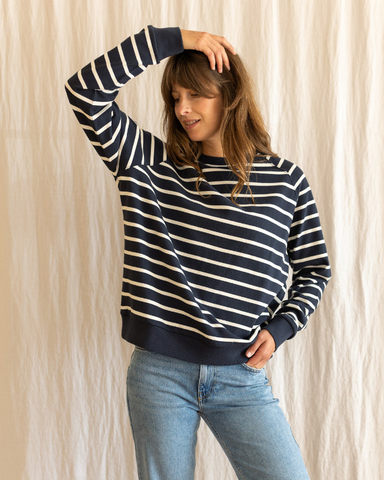 Ivy Nancy Oversized Organic Cotton Sweater - Navy/Ecru Clothing - Tops - Sweaters - Pullovers - Fine Gauge Pullovers by Ivy | Grace the Boutique