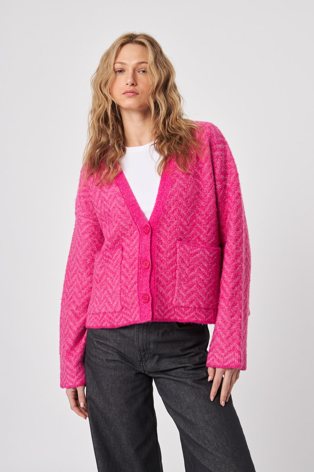 John & Jenn Ricky Cardi - Cerise Herringbone
