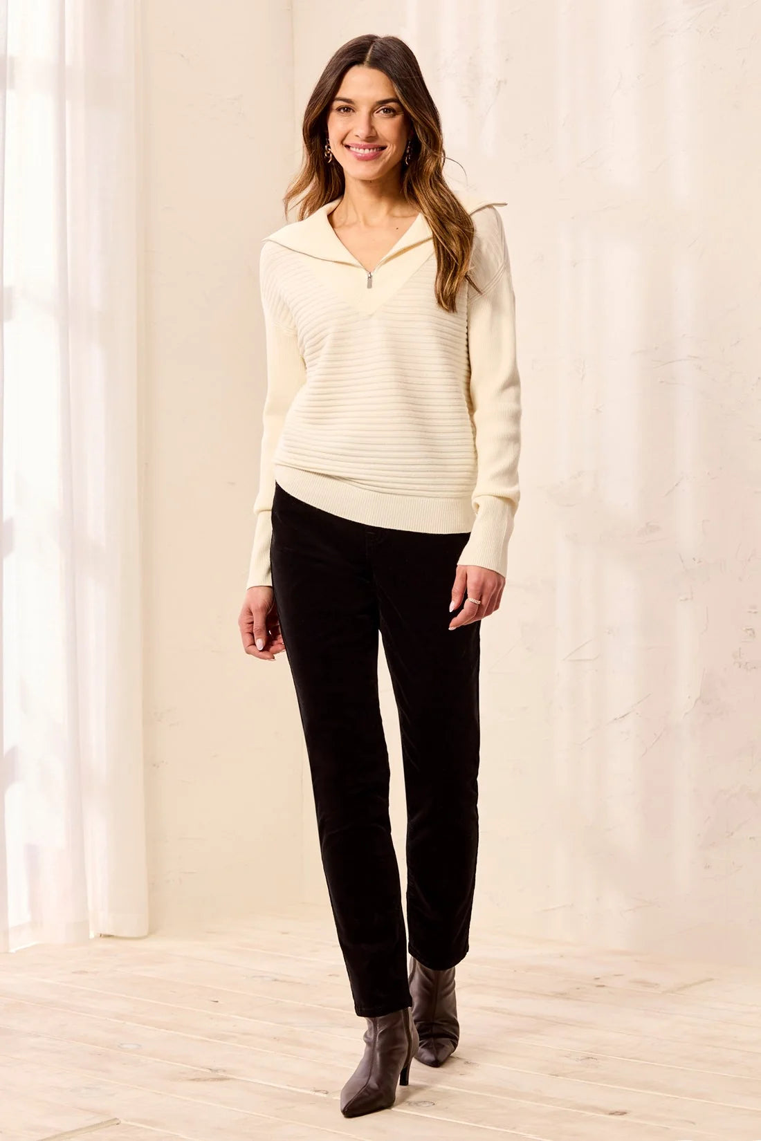 Tribal Kathleen Zip Up Sweater - Cream