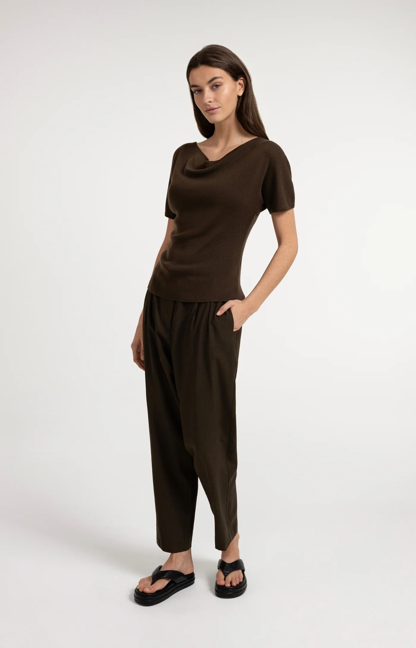 Yaya Boatneck Short Sleeved Sweater - Black Brown