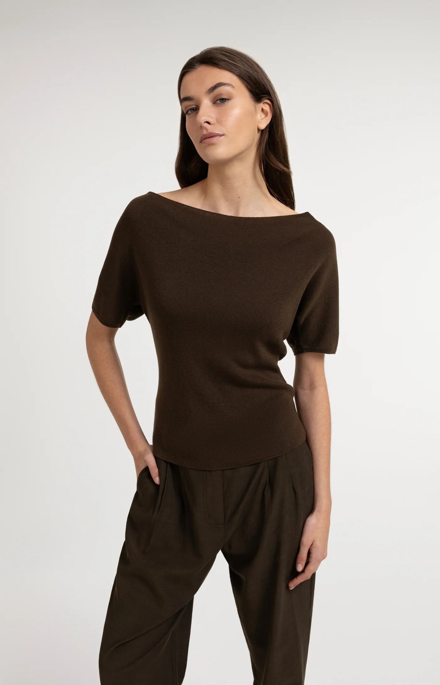 Yaya Boatneck Short Sleeved Sweater - Black Brown