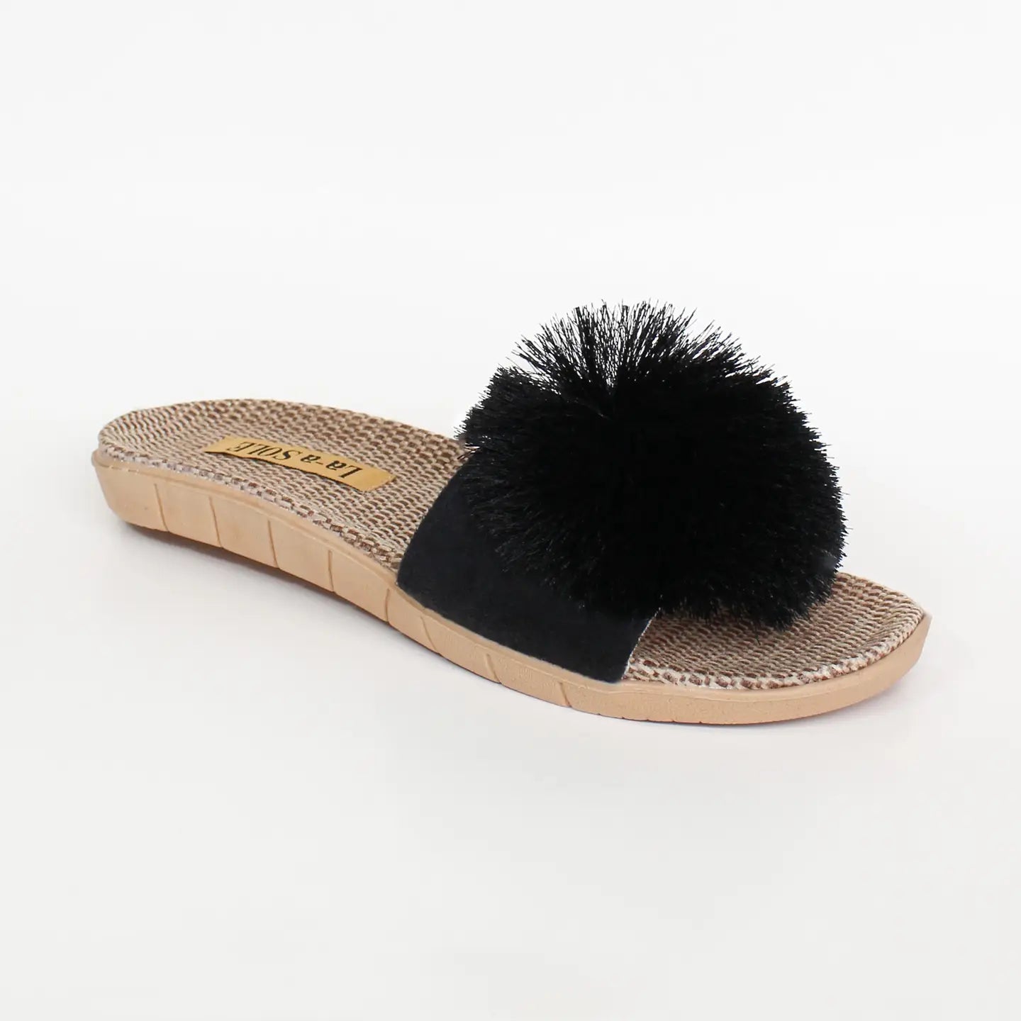 La-a SOLE Pom Pom Slides - Black
