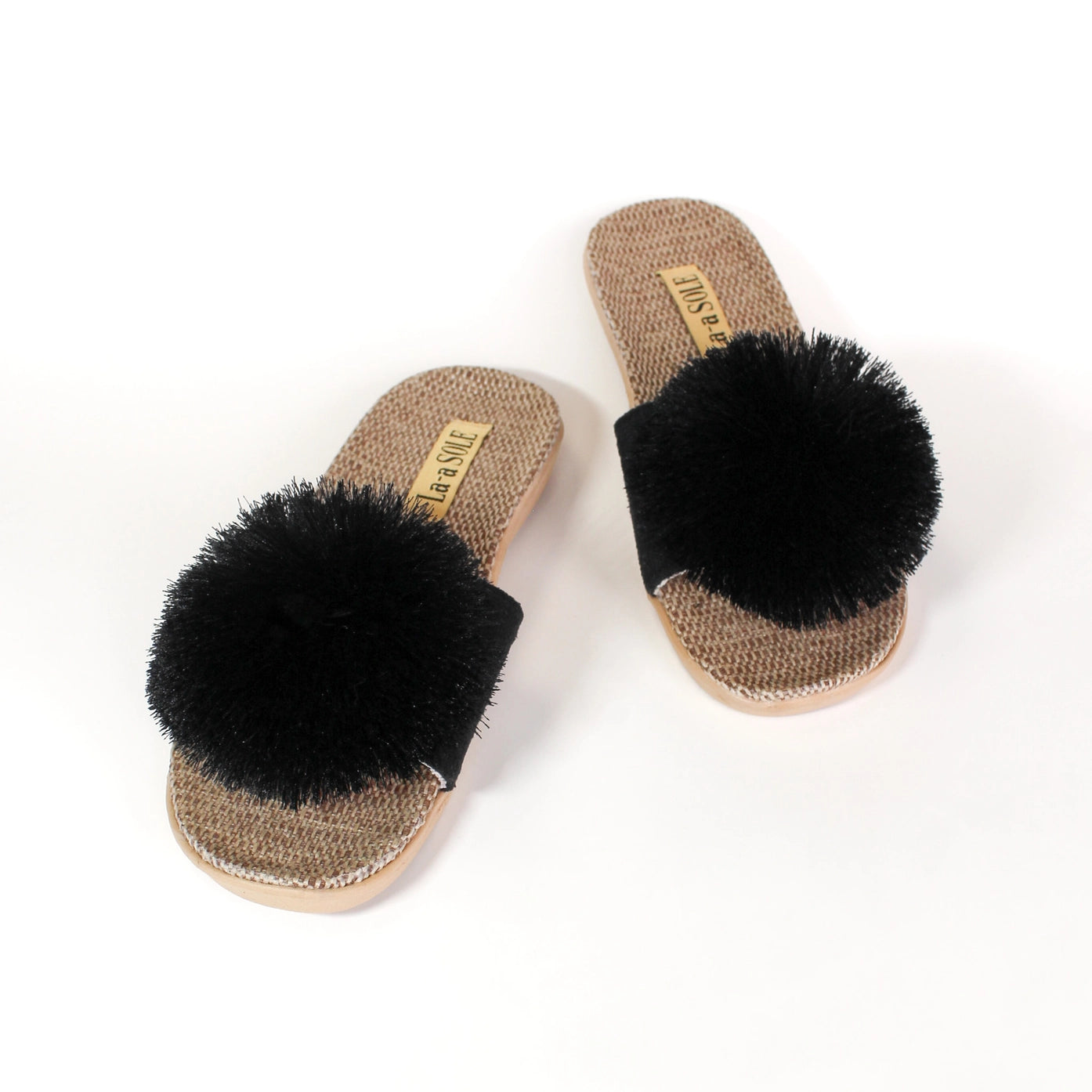 La-a SOLE Pom Pom Slides - Black