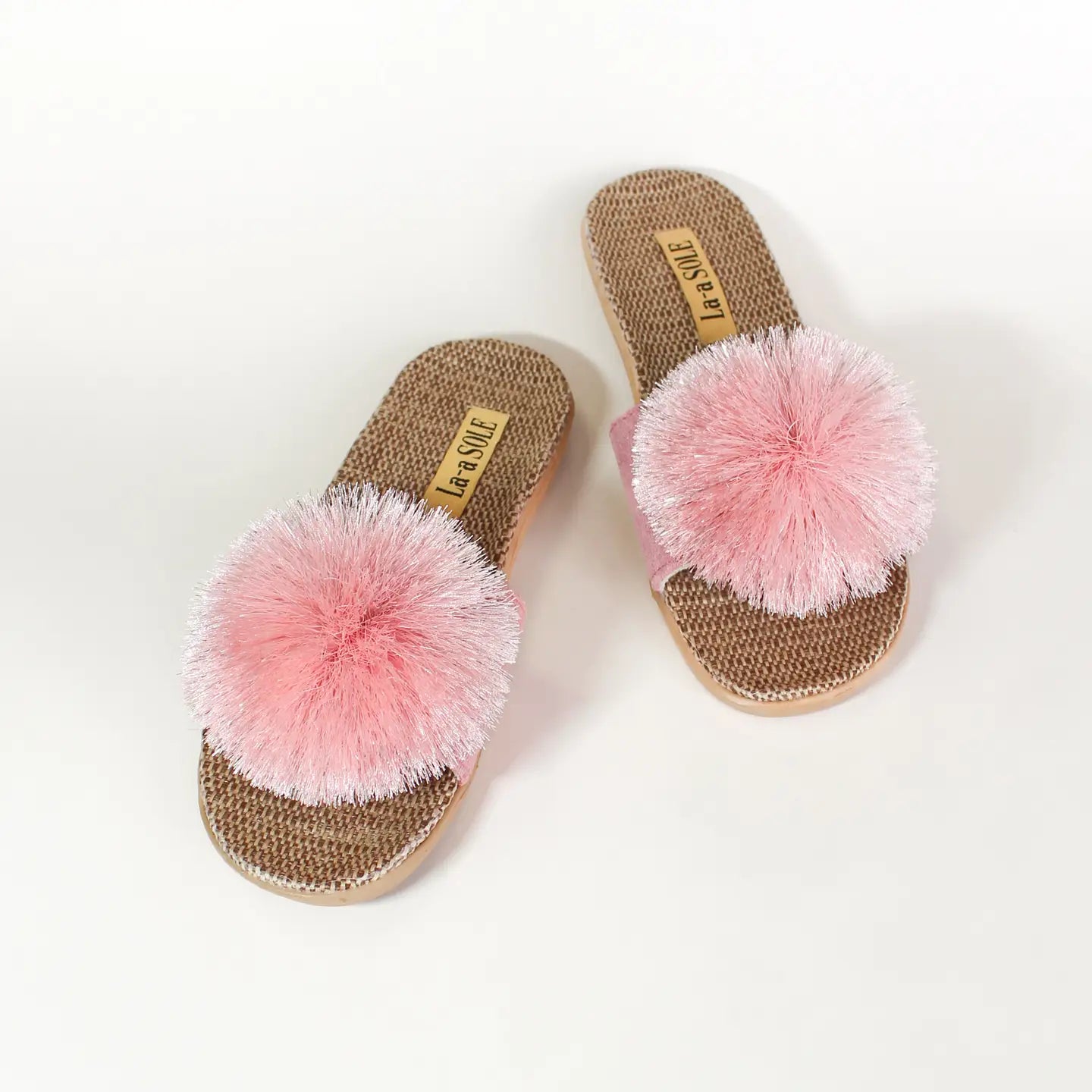 La-a SOLE Pom Pom Slides - Pink Shimmer