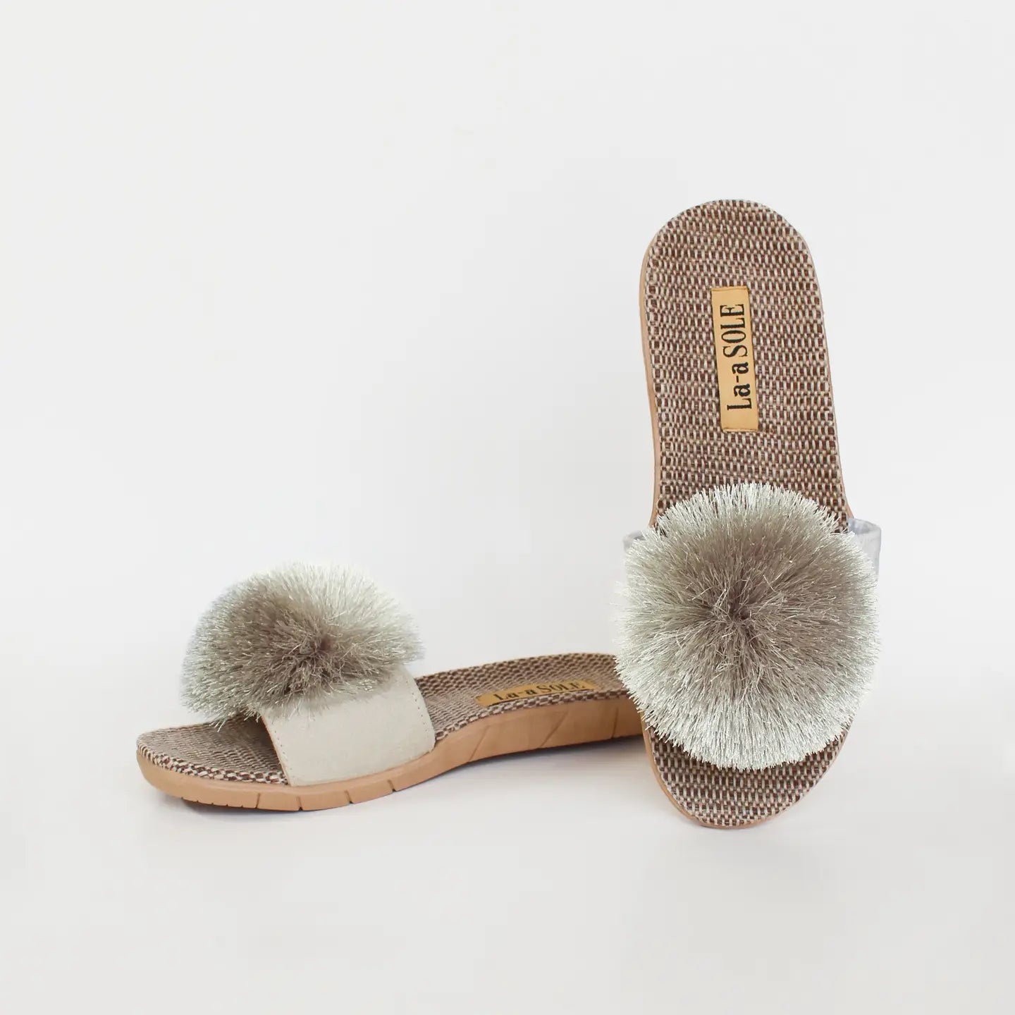 La-a SOLE Pom Pom Slides - Silver