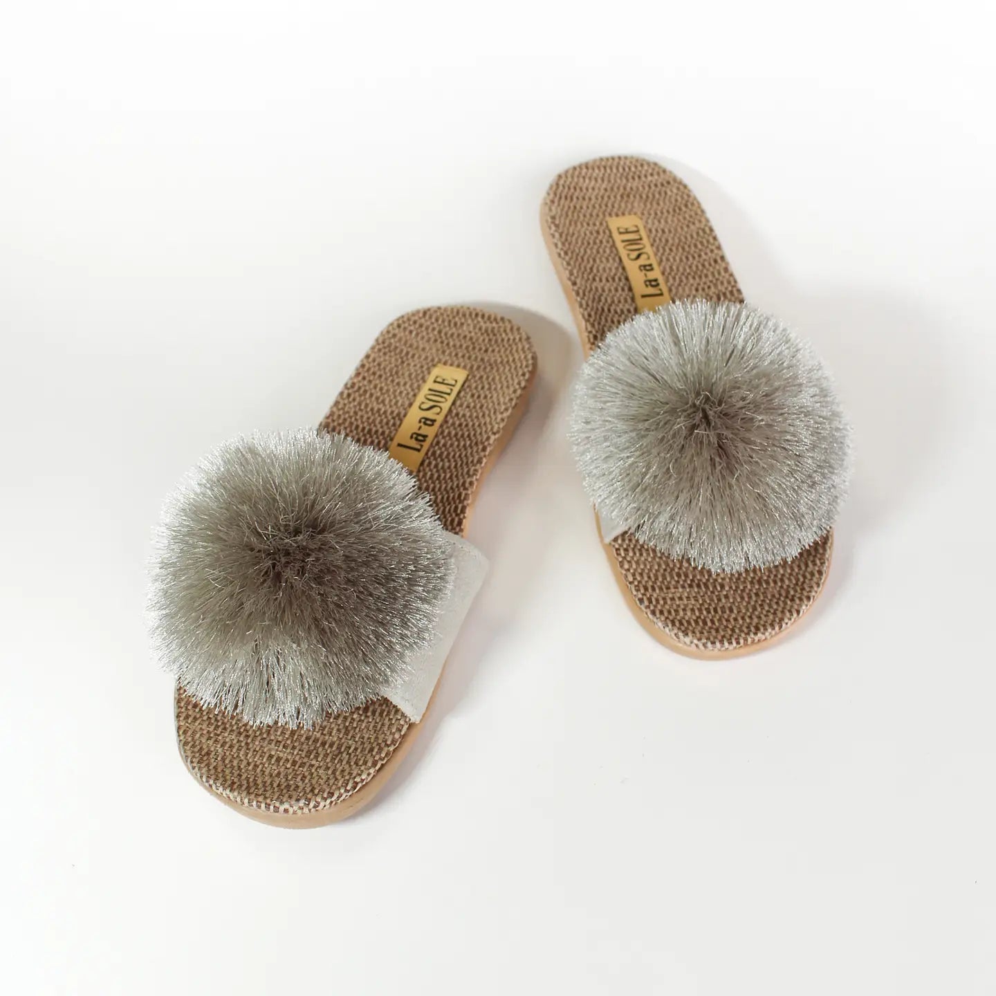 La-a SOLE Pom Pom Slides - Silver