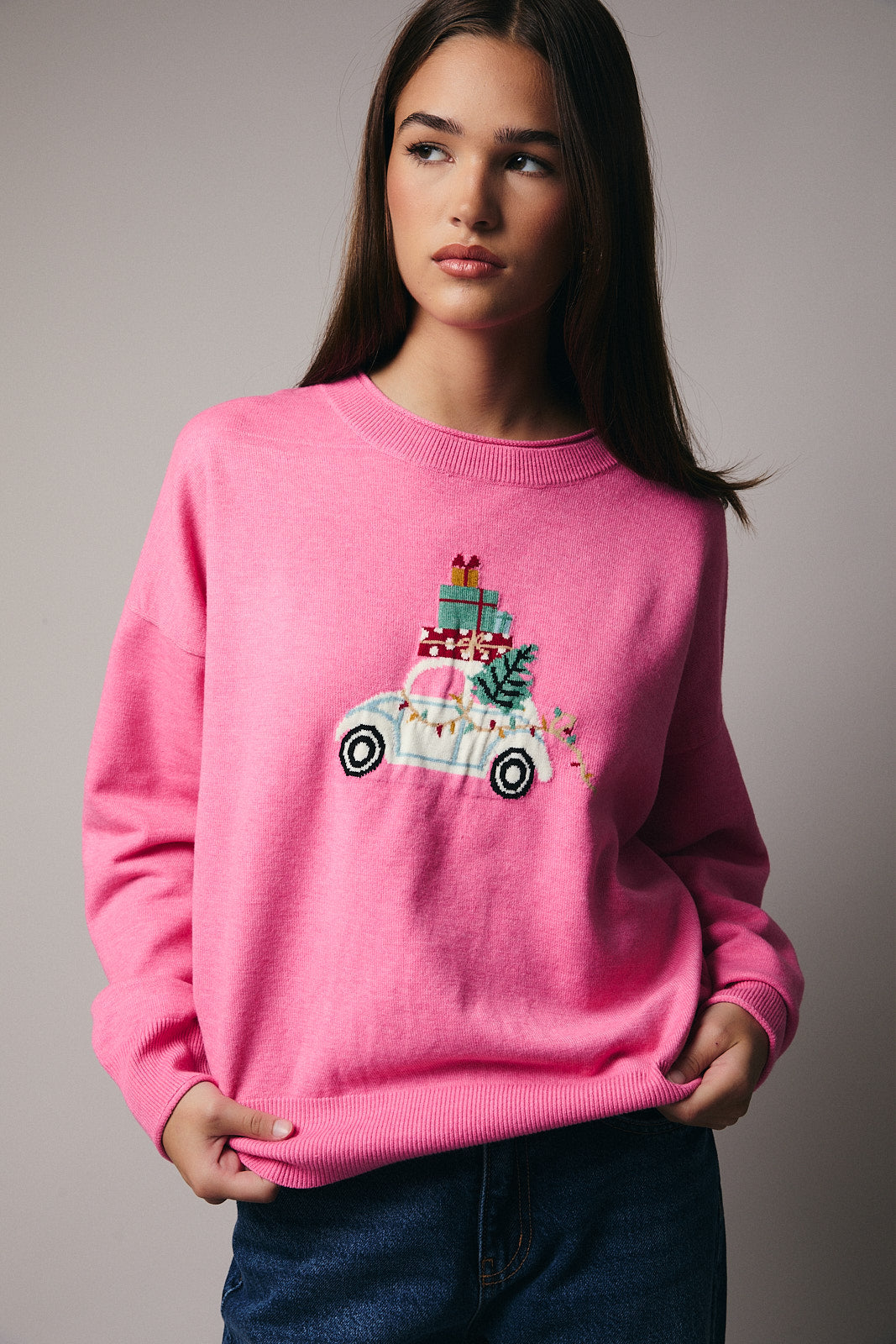 Le Lis Holiday Car Sweater - Pink