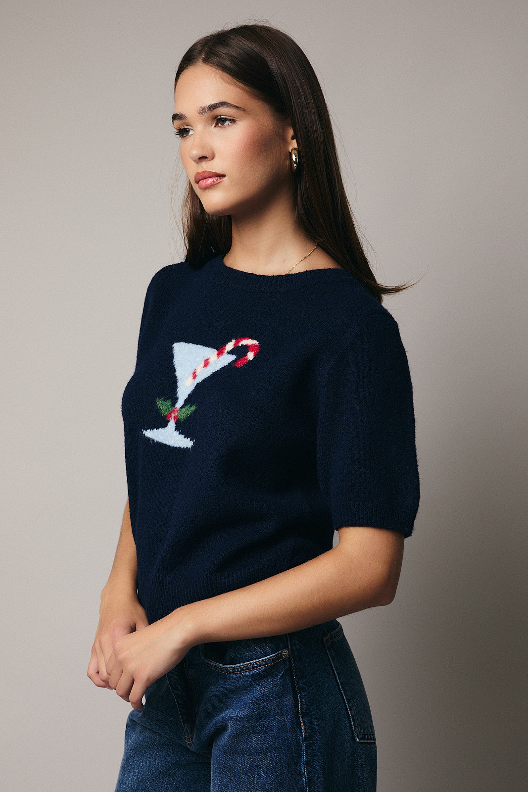 Le Lis Holiday Cocktail Short Sleeved Sweater - Navy