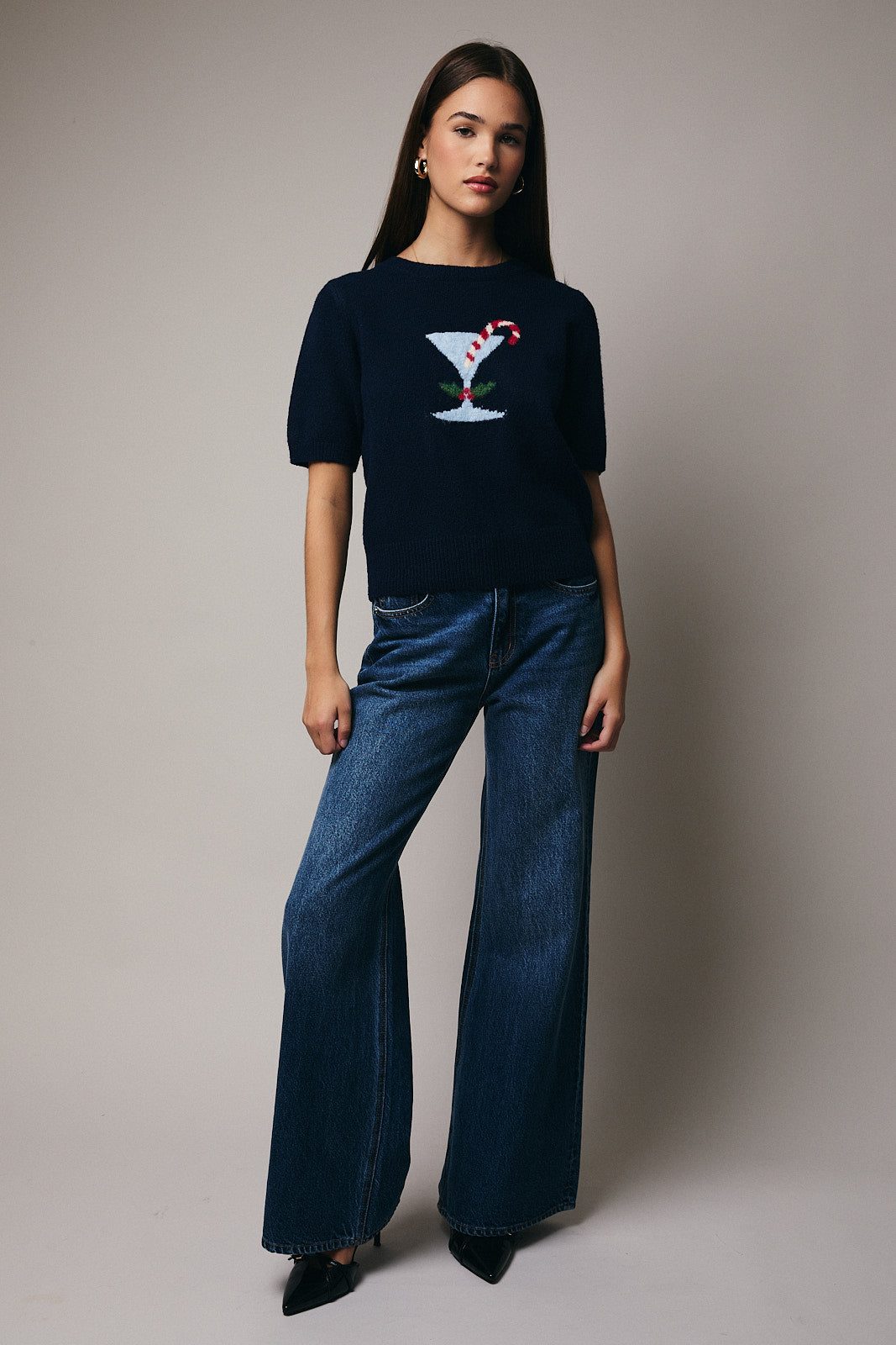 Le Lis Holiday Cocktail Short Sleeved Sweater - Navy