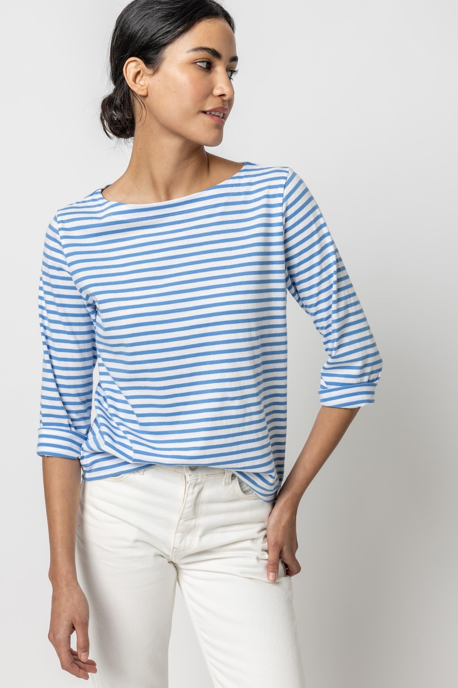 Lilla P 3/4 Sleeve Boatneck - Marina Stripe Clothing - Tops - Shirts - LS Knits by Lilla P | Grace the Boutique