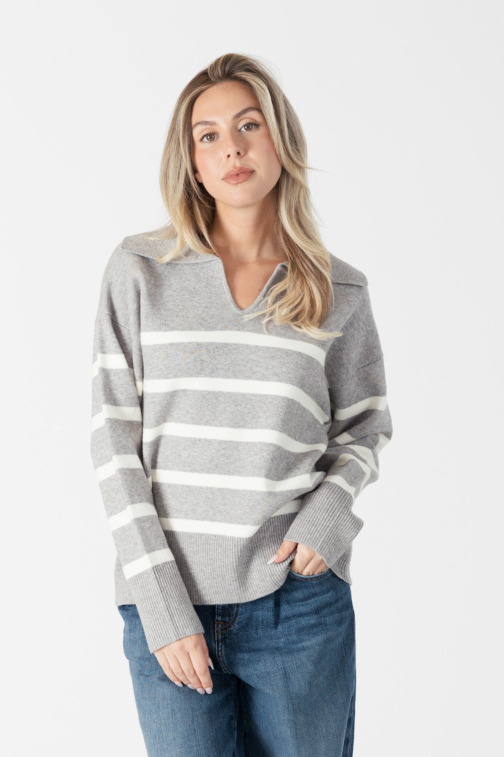 Lyla & Luxe Brooke Striped Pullover - Grey Marl Clothing - Tops - Sweaters - Pullovers by Lyla & Luxe | Grace the Boutique