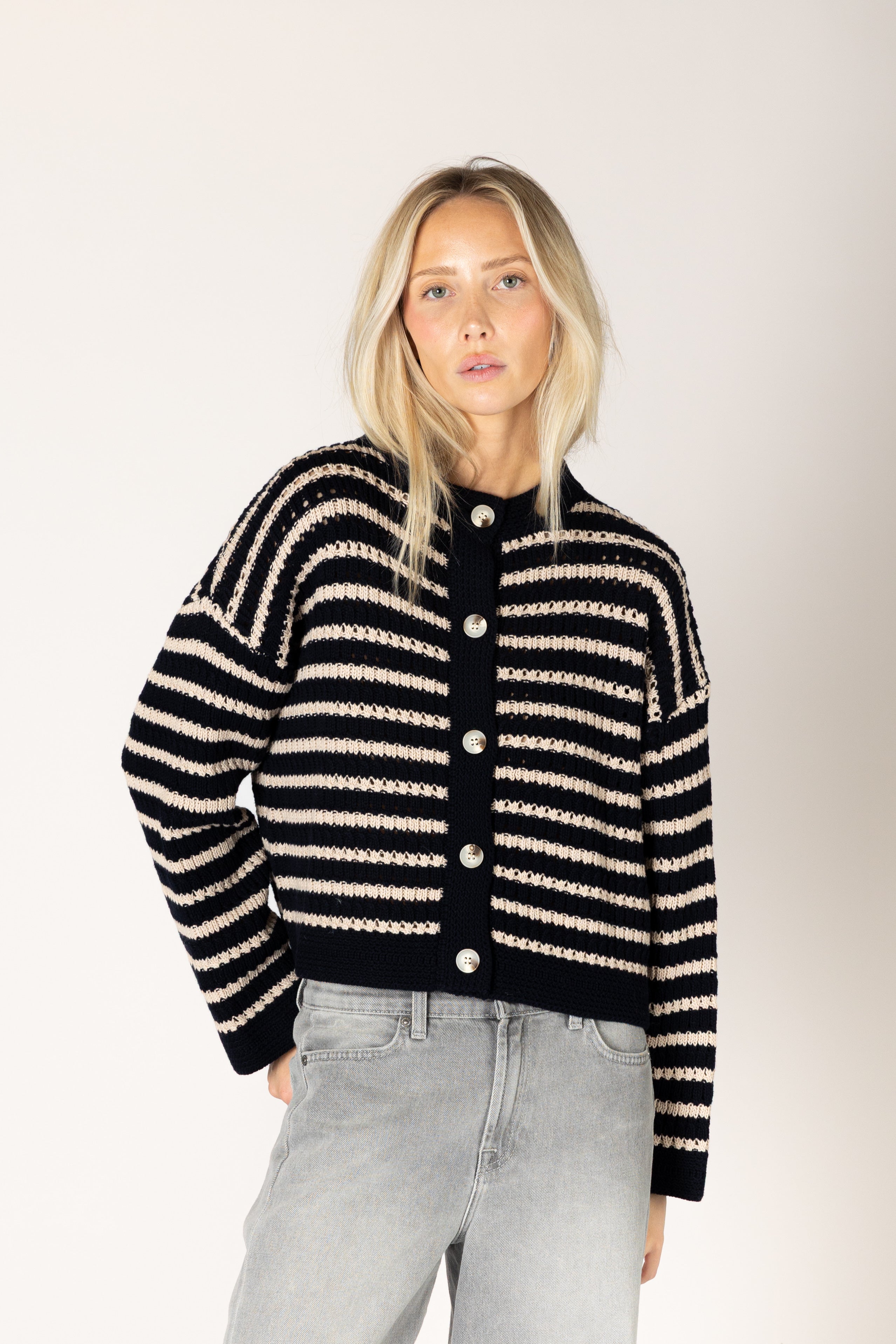 Lyla & Luxe Dina Cotton Stripe Cardi - Navy/Doeskin