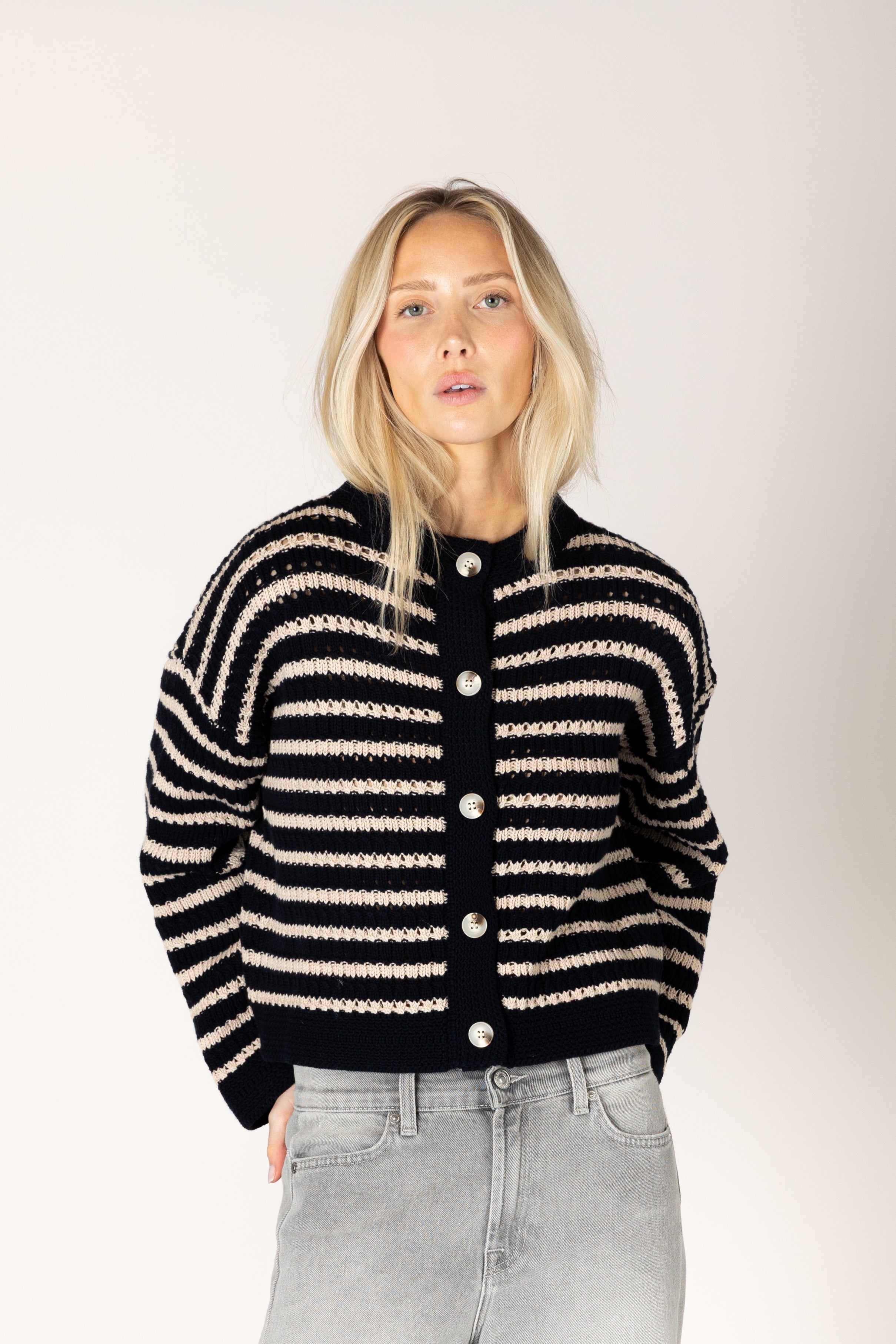 Lyla & Luxe Dina Cotton Stripe Cardi - Navy/Doeskin