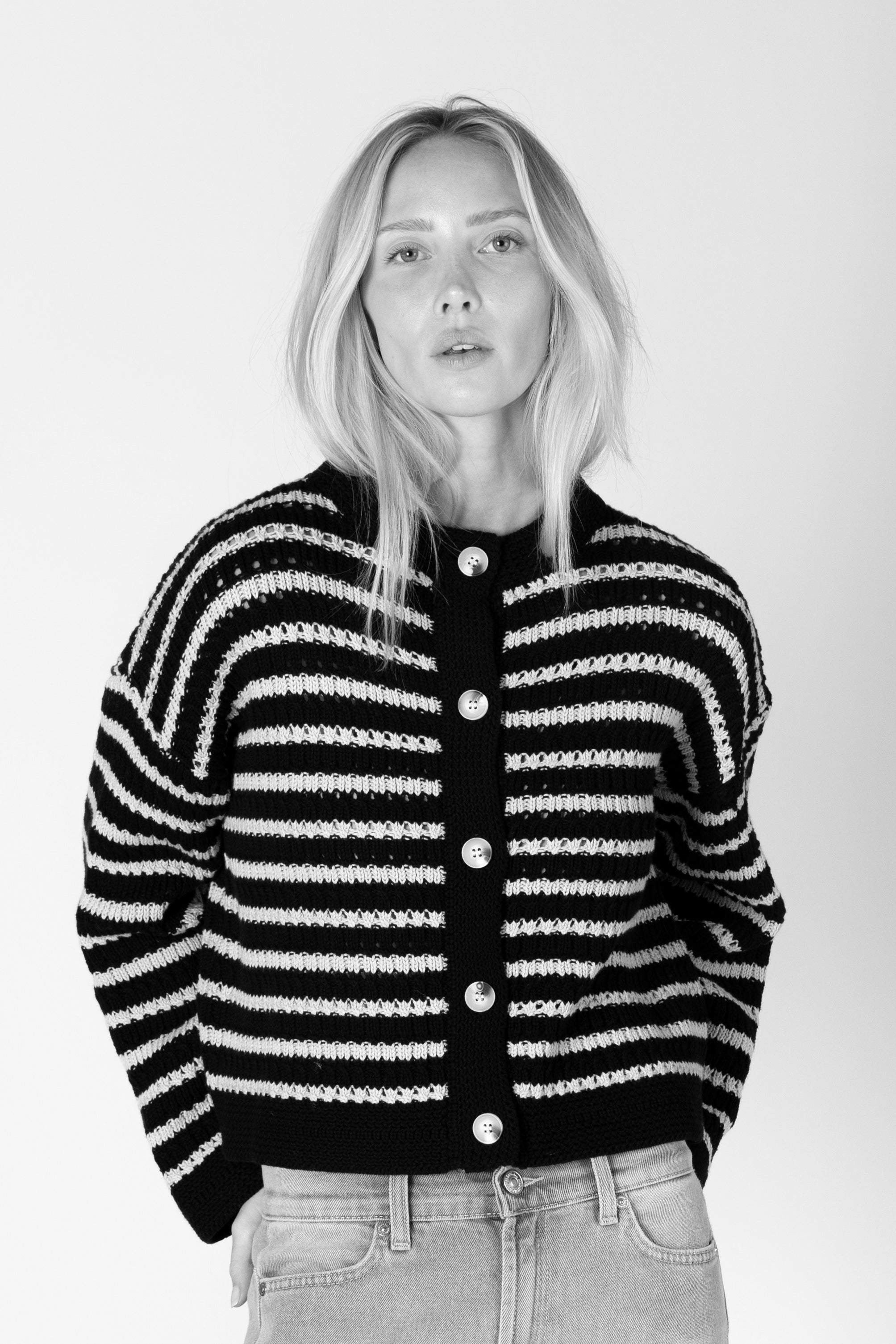 Lyla & Luxe Dina Cotton Stripe Cardi - Navy/Doeskin