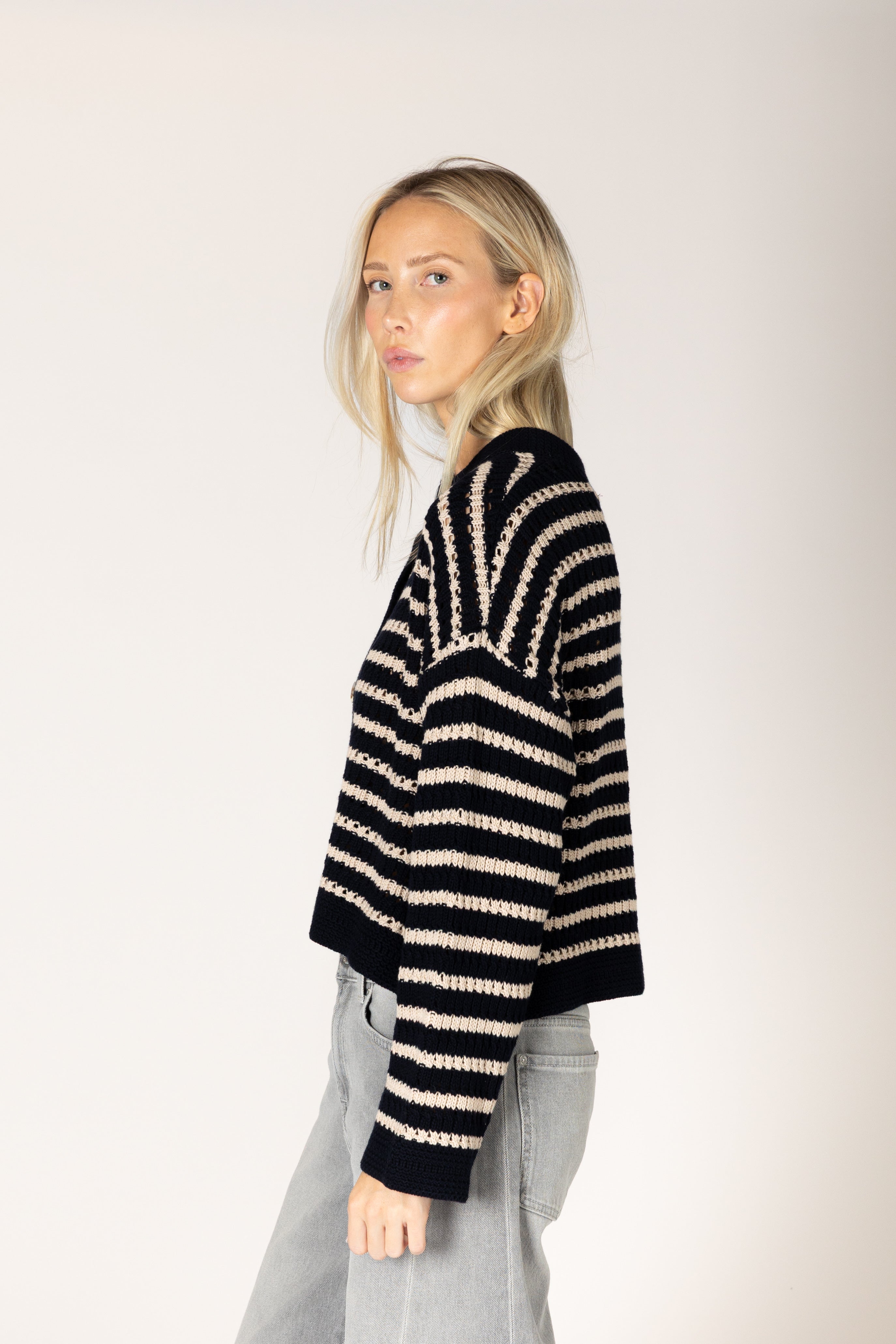 Lyla & Luxe Dina Cotton Stripe Cardi - Navy/Doeskin