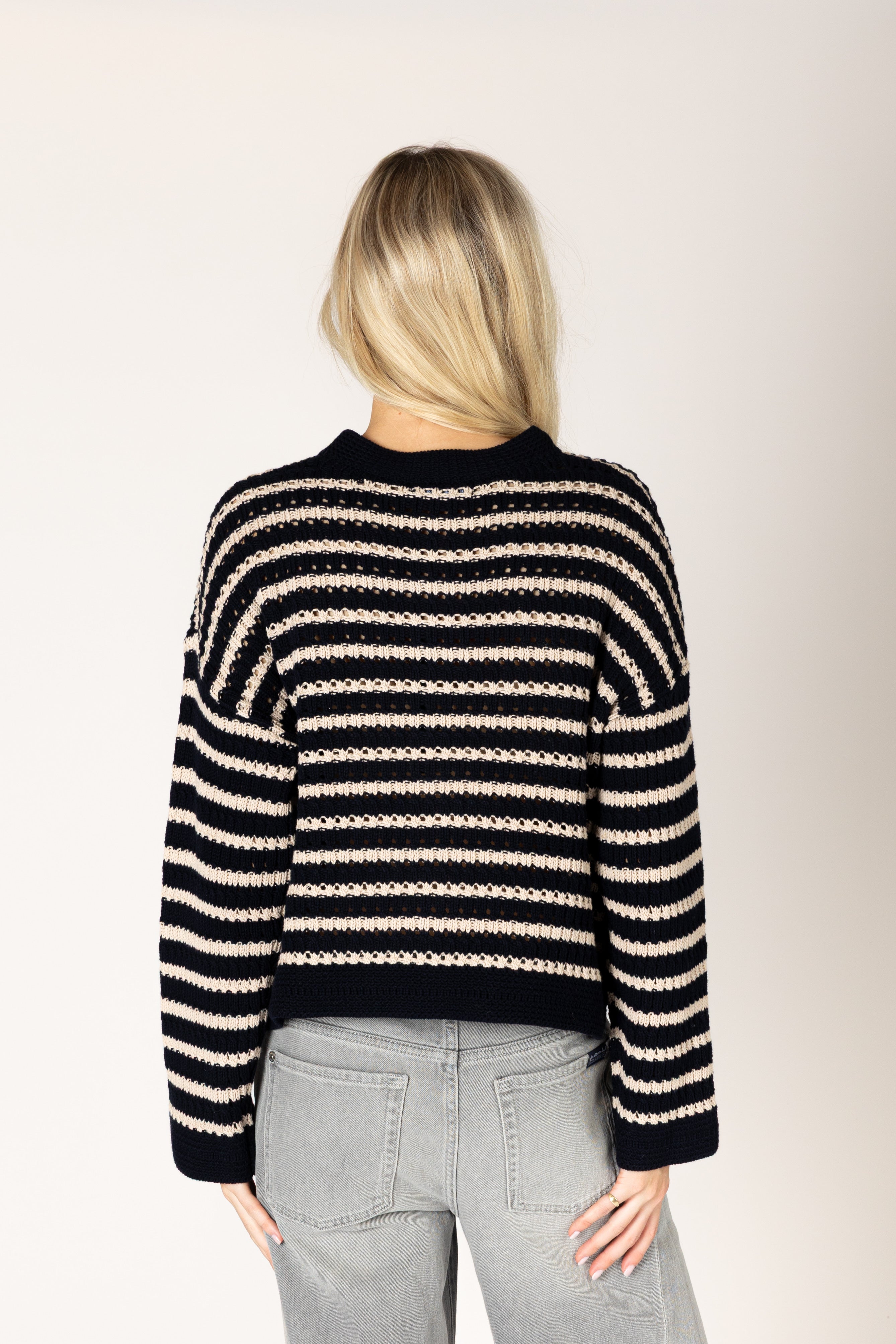 Lyla & Luxe Dina Cotton Stripe Cardi - Navy/Doeskin