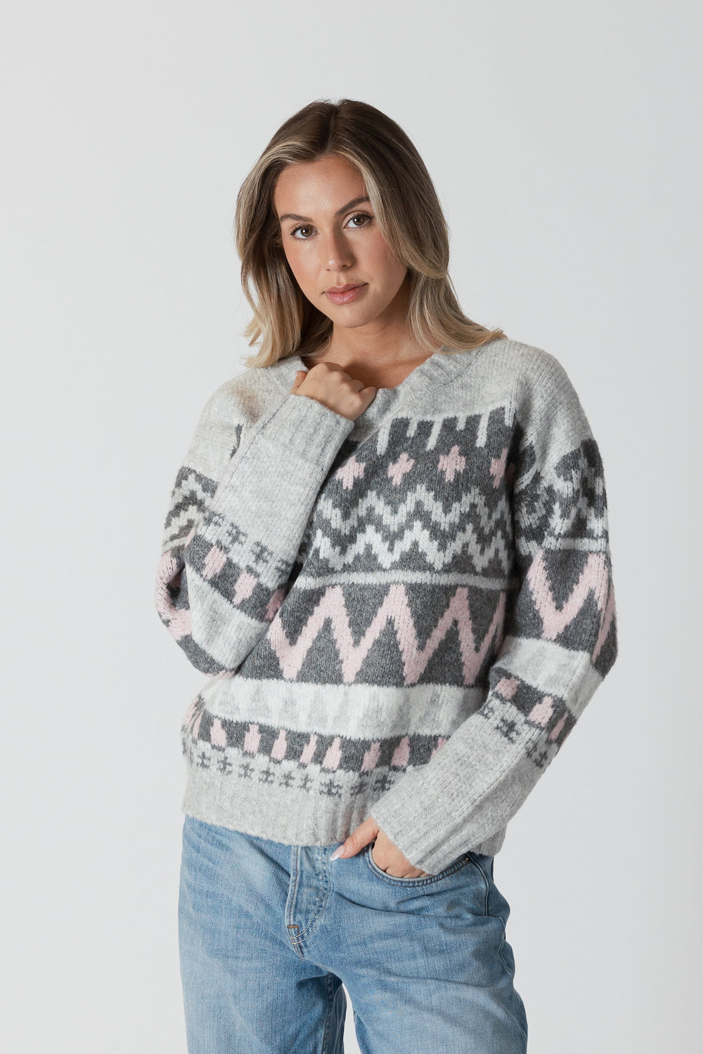 Lyla & Luxe Landen Fairisle Pullover - Grey/Pink Clothing - Tops - Sweaters - Pullovers by Lyla & Luxe | Grace the Boutique